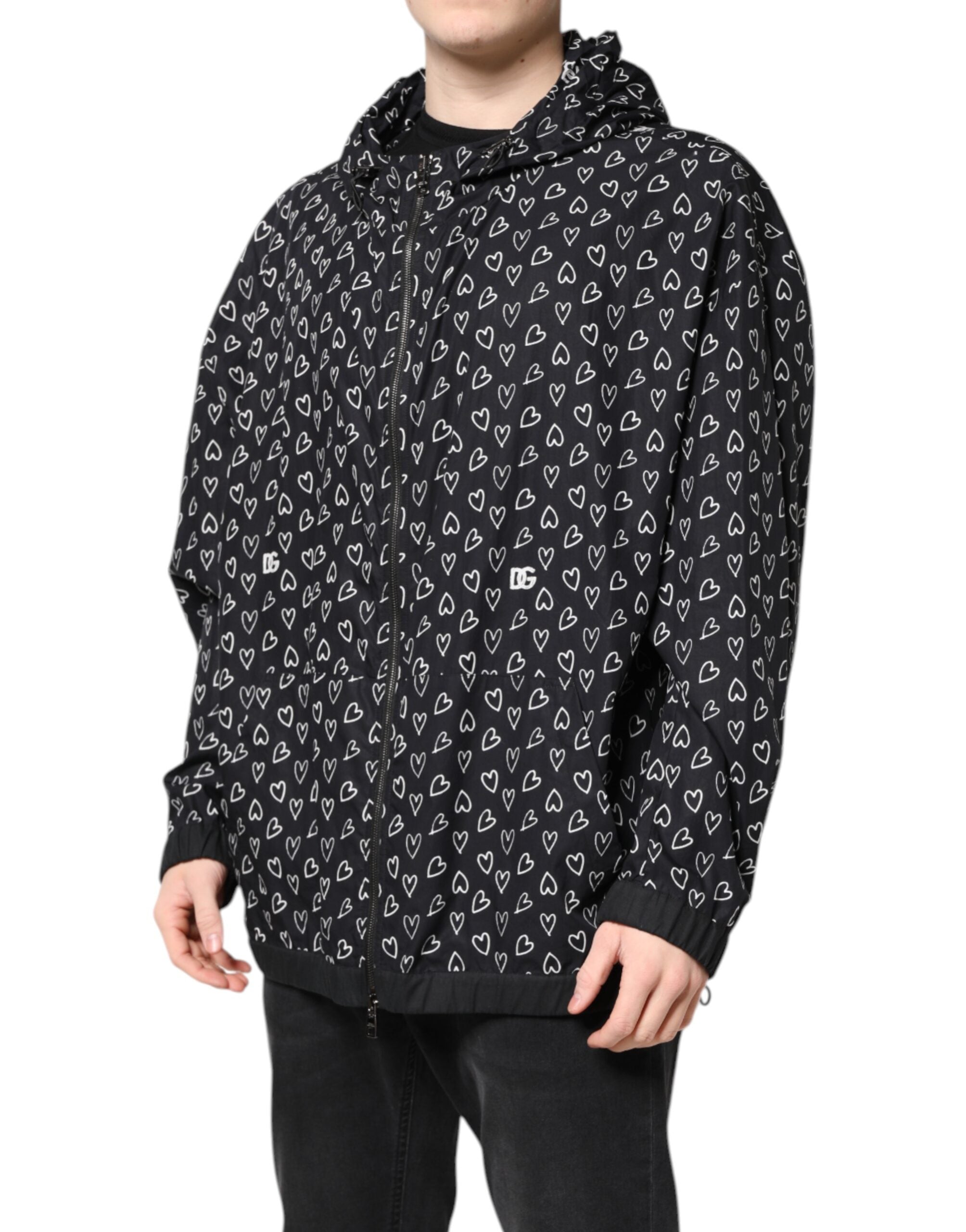 Dolce & Gabbana black windbreaker jacket with heart print and hood-3