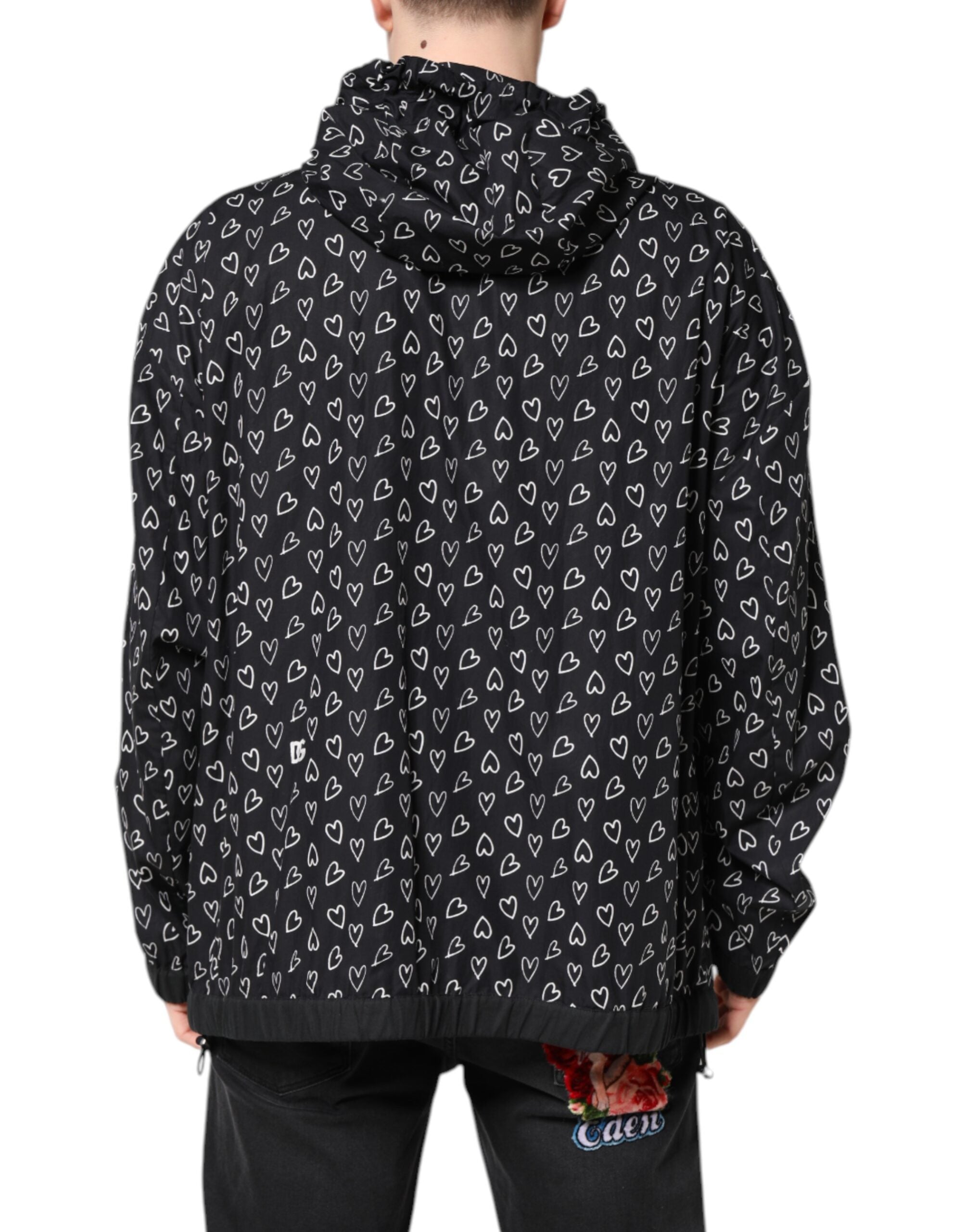 Dolce & Gabbana black windbreaker jacket with heart print and hood-4