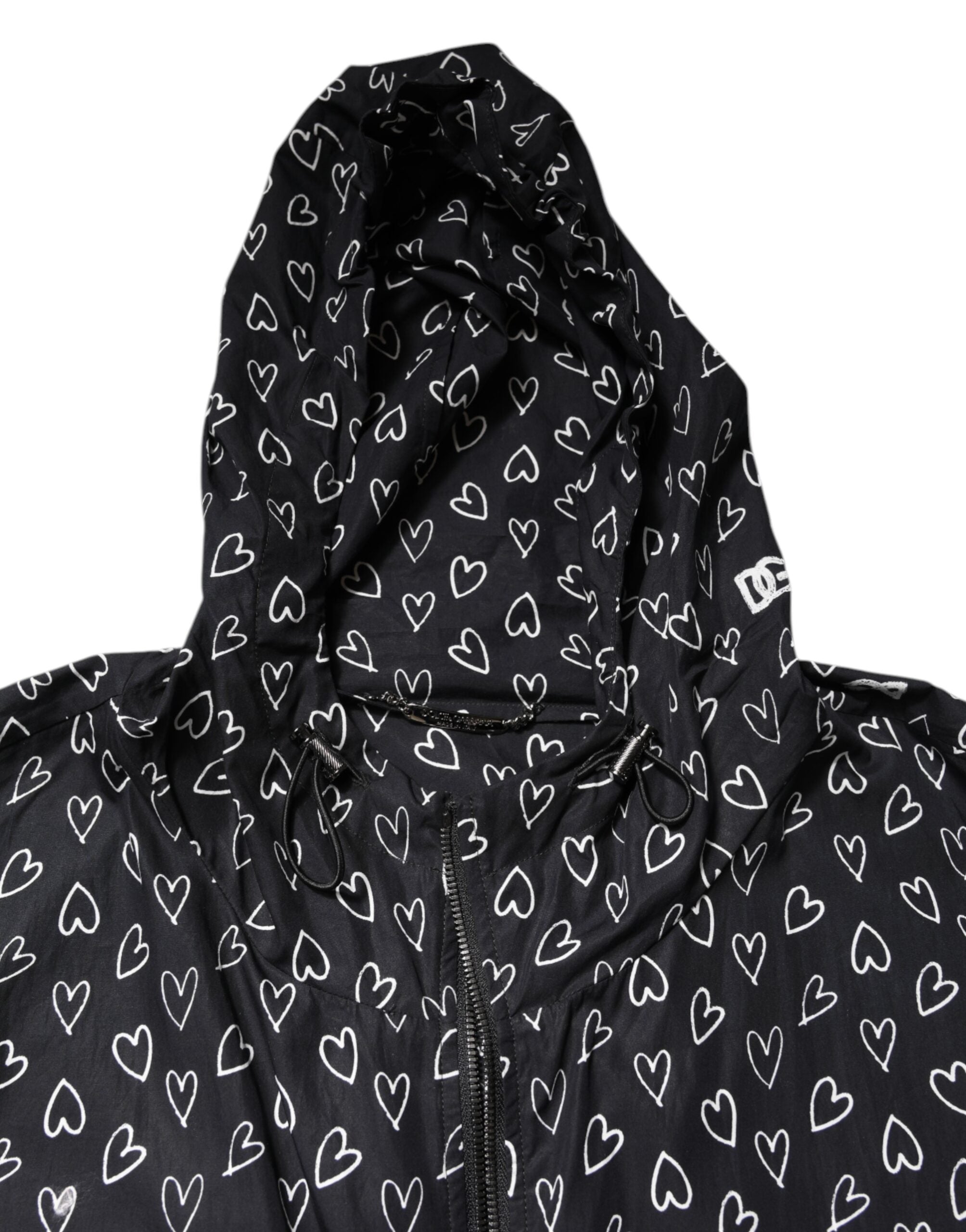 Dolce & Gabbana black windbreaker jacket with heart print and hood-5