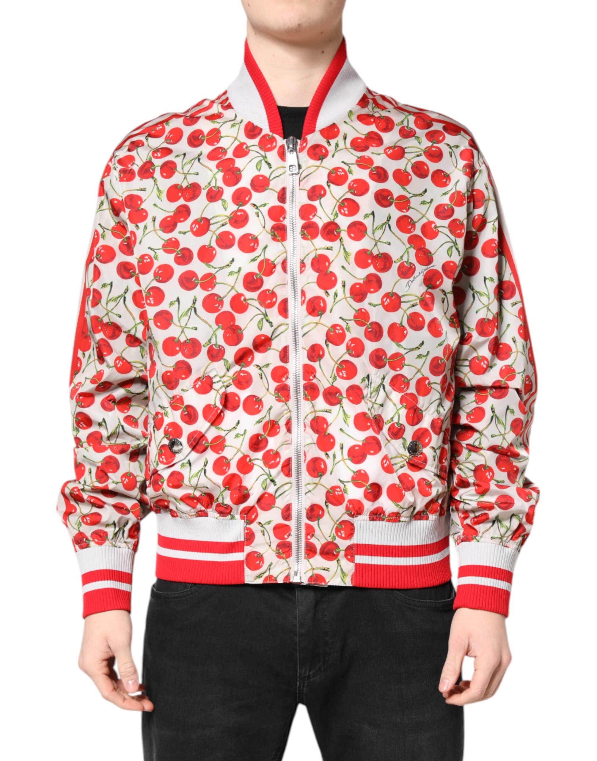 Dolce & Gabbana White Cherry Print Bomber Jacket with Full Zip
