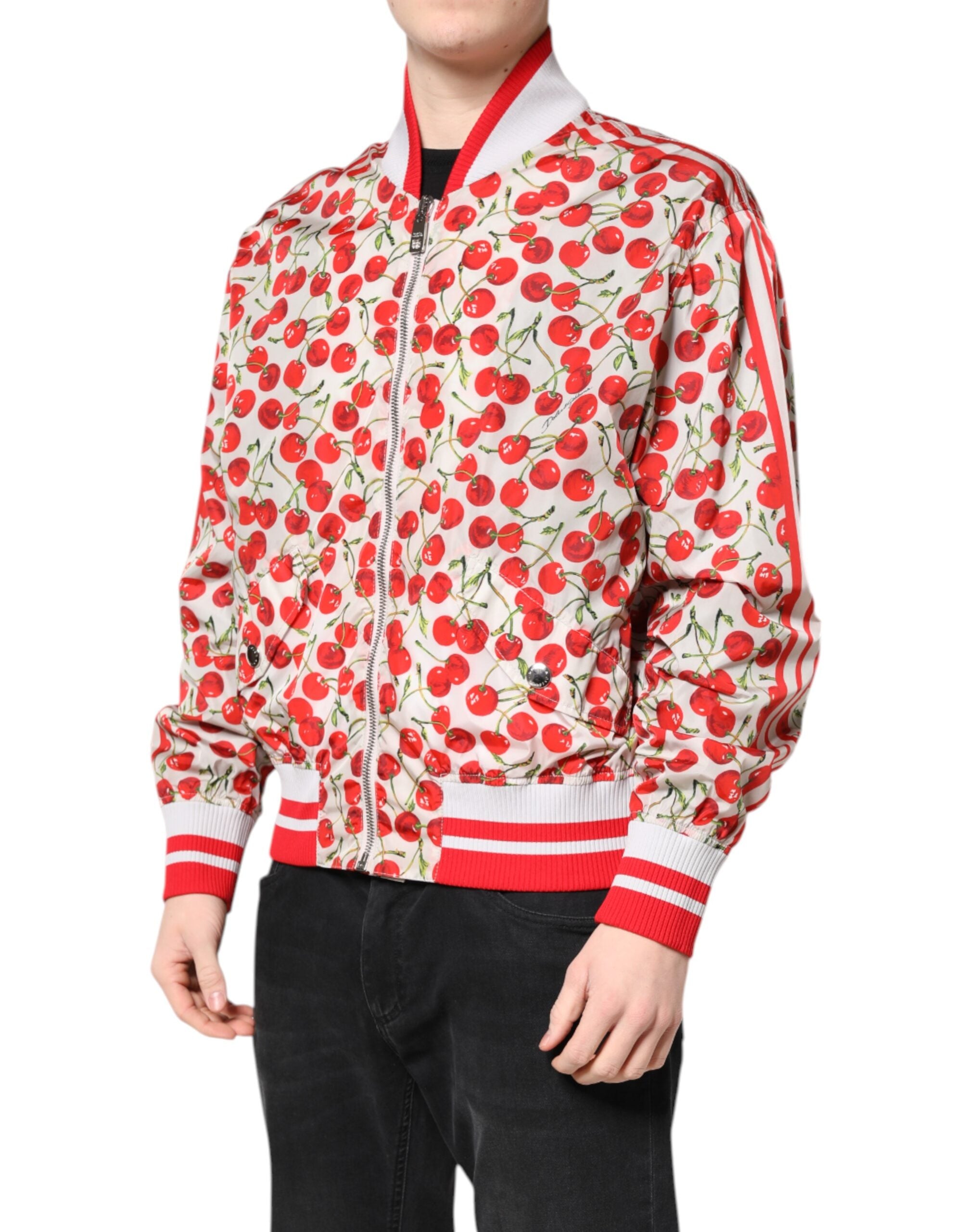 Dolce & Gabbana White Cherry Print Bomber Jacket with Full Zip-3