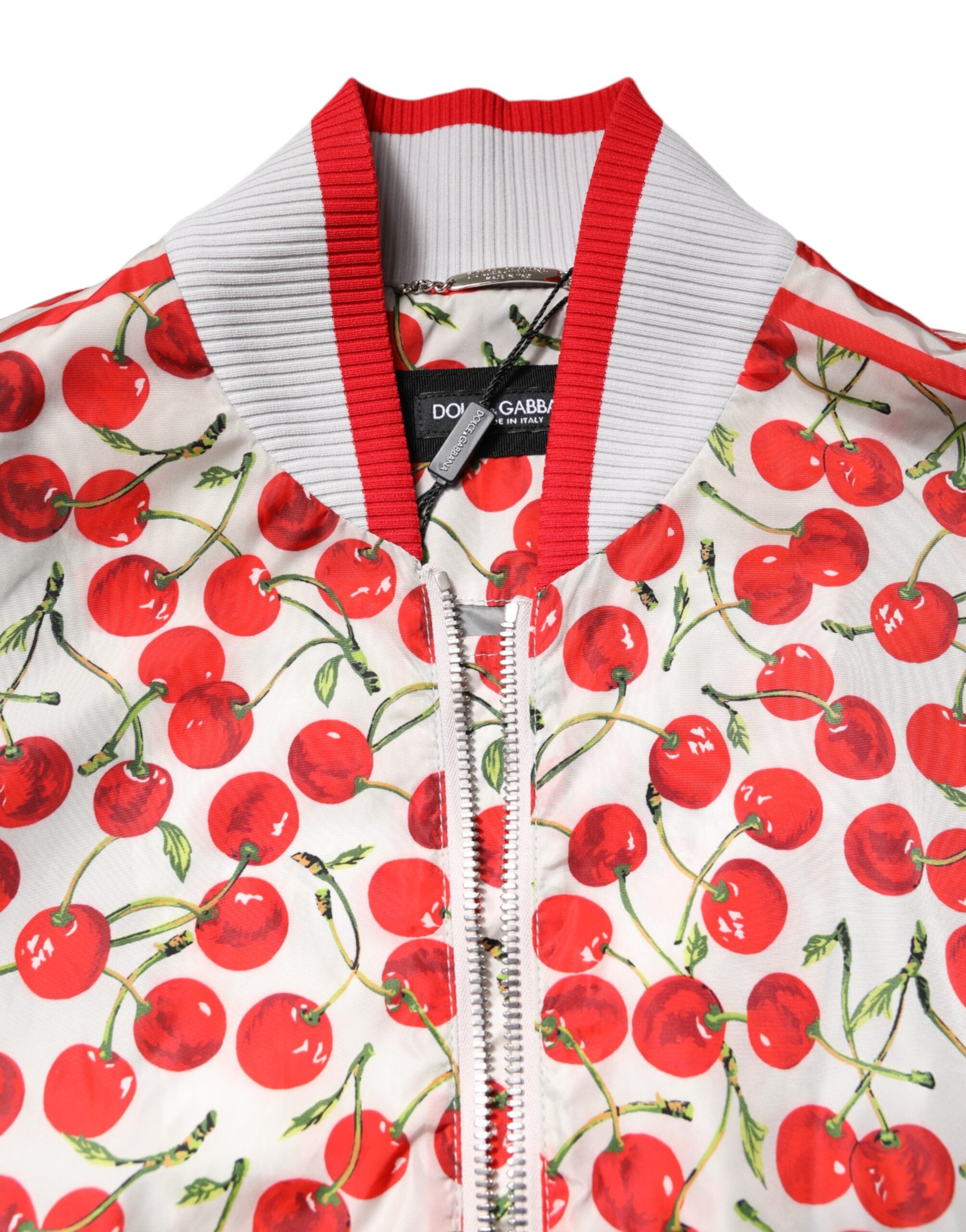 Dolce & Gabbana White Cherry Print Bomber Jacket with Full Zip-5