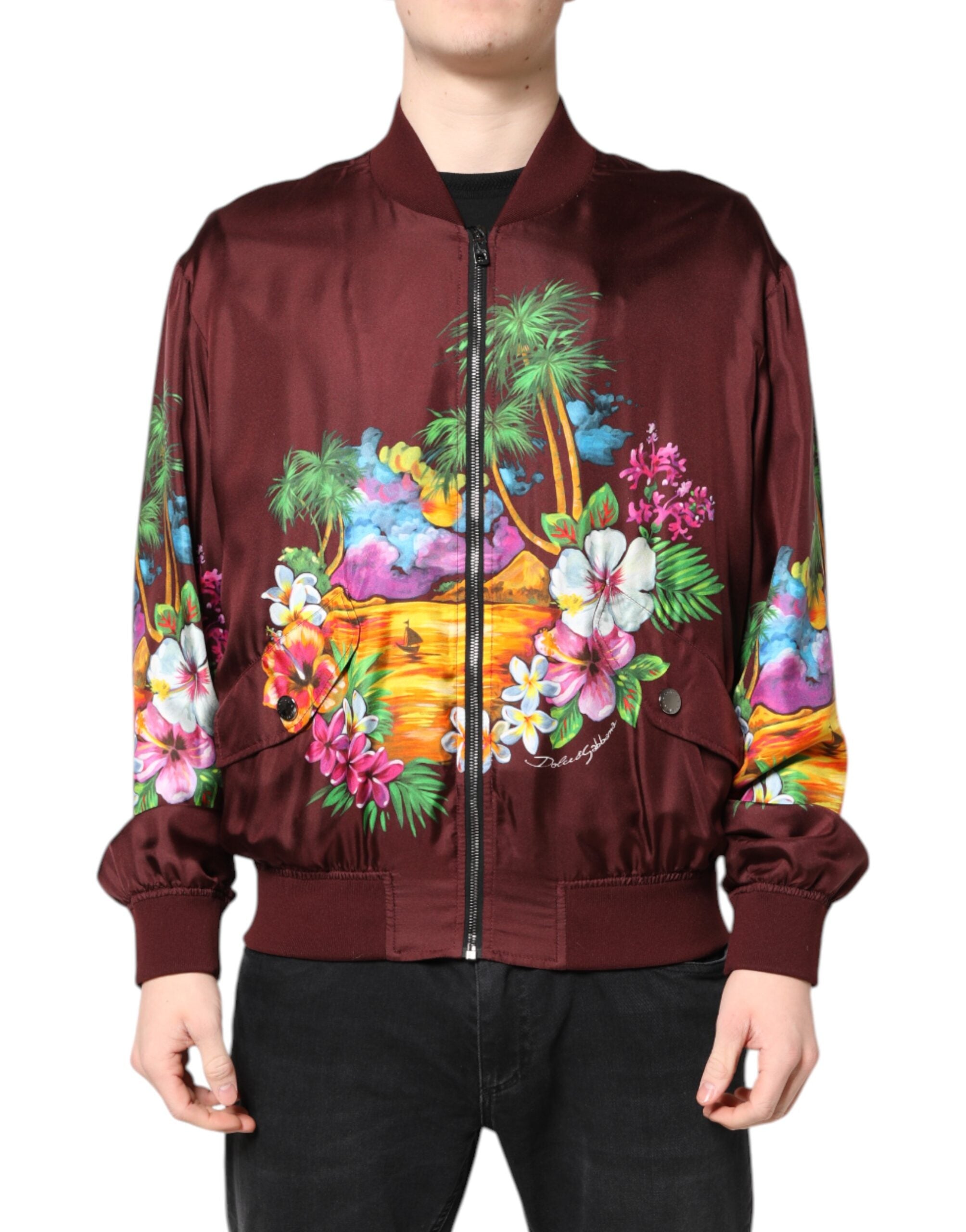 Dolce & Gabbana chestnut brown bomber jacket with floral print and zipper