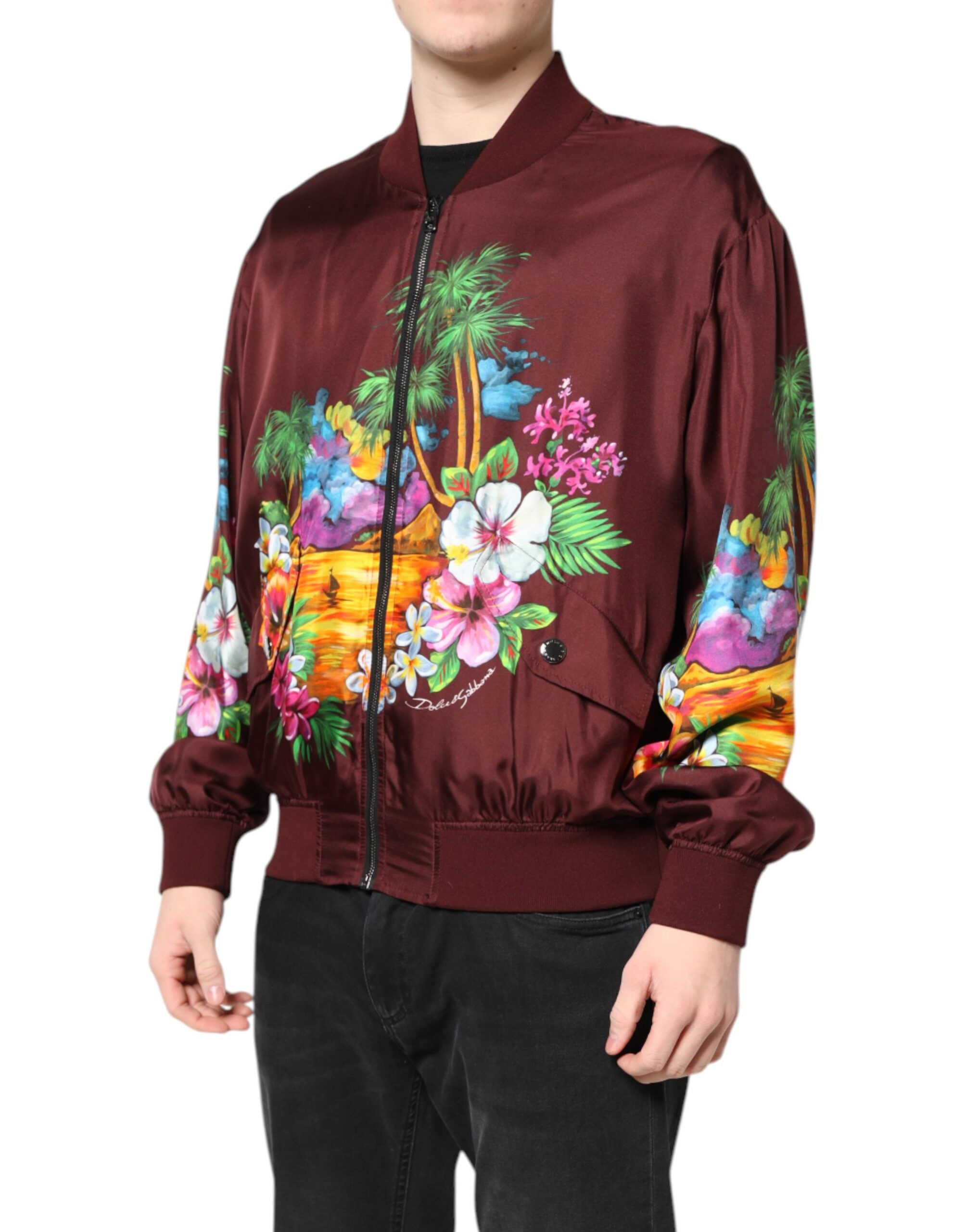 Dolce & Gabbana Kastanienbraune Bomberjacke mit Blumendruck und Reißverschluss-3