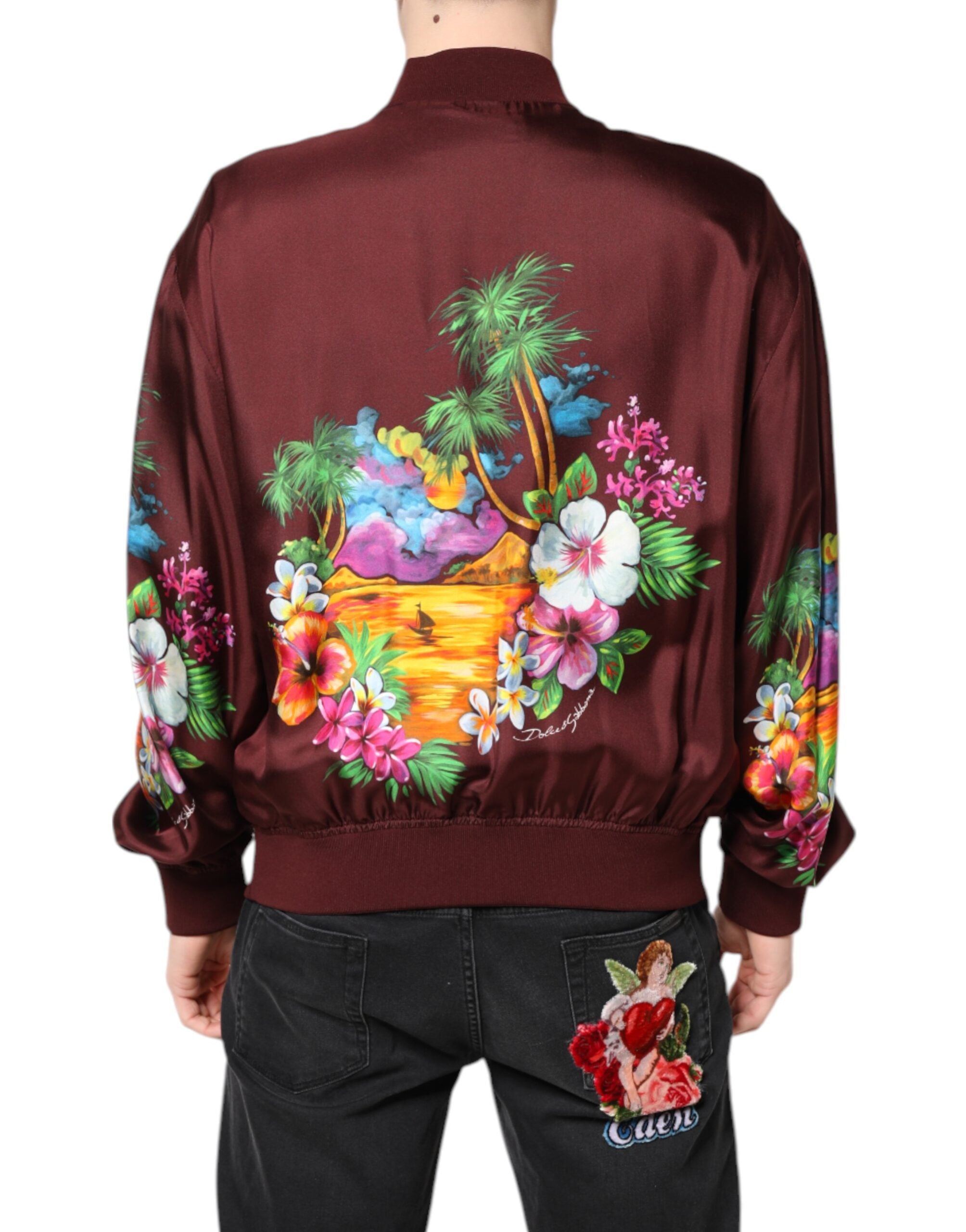 Dolce & Gabbana Kastanienbraune Bomberjacke mit Blumendruck und Reißverschluss-4