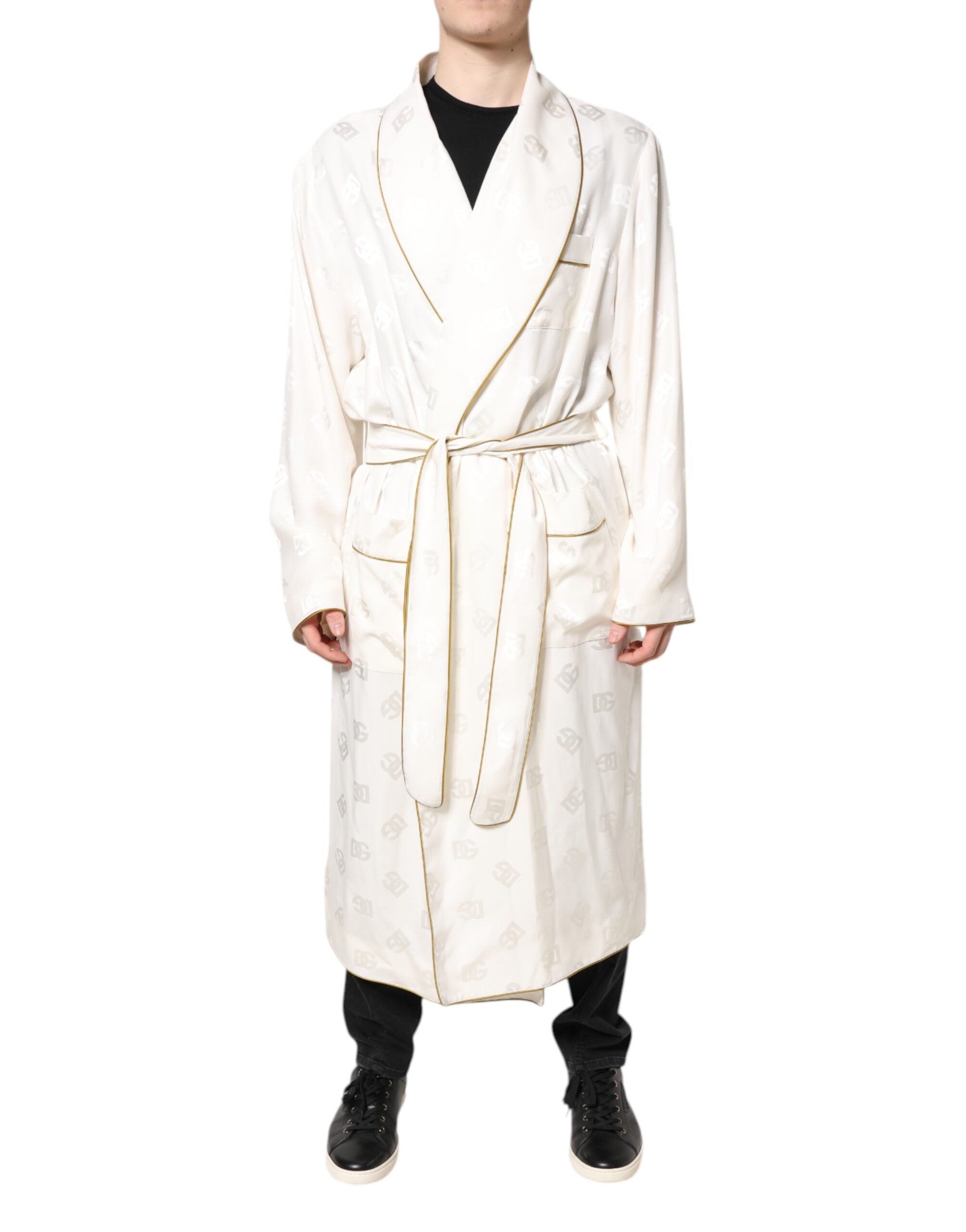 Dolce & Gabbana Ivory Silk Logo Men's Wrap Coat Jacket-2