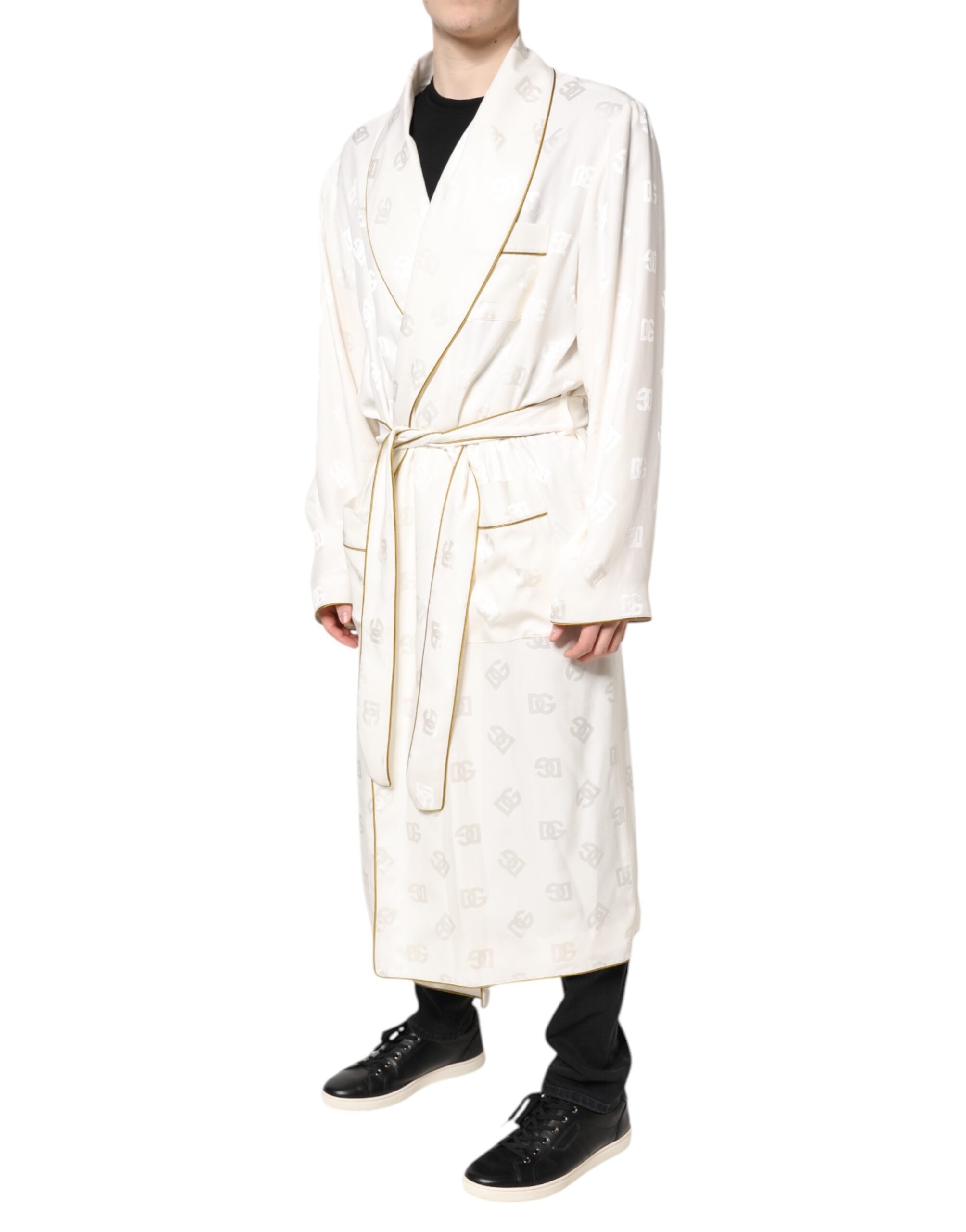 Dolce & Gabbana Ivory Silk Logo Men's Wrap Coat Jacket-3
