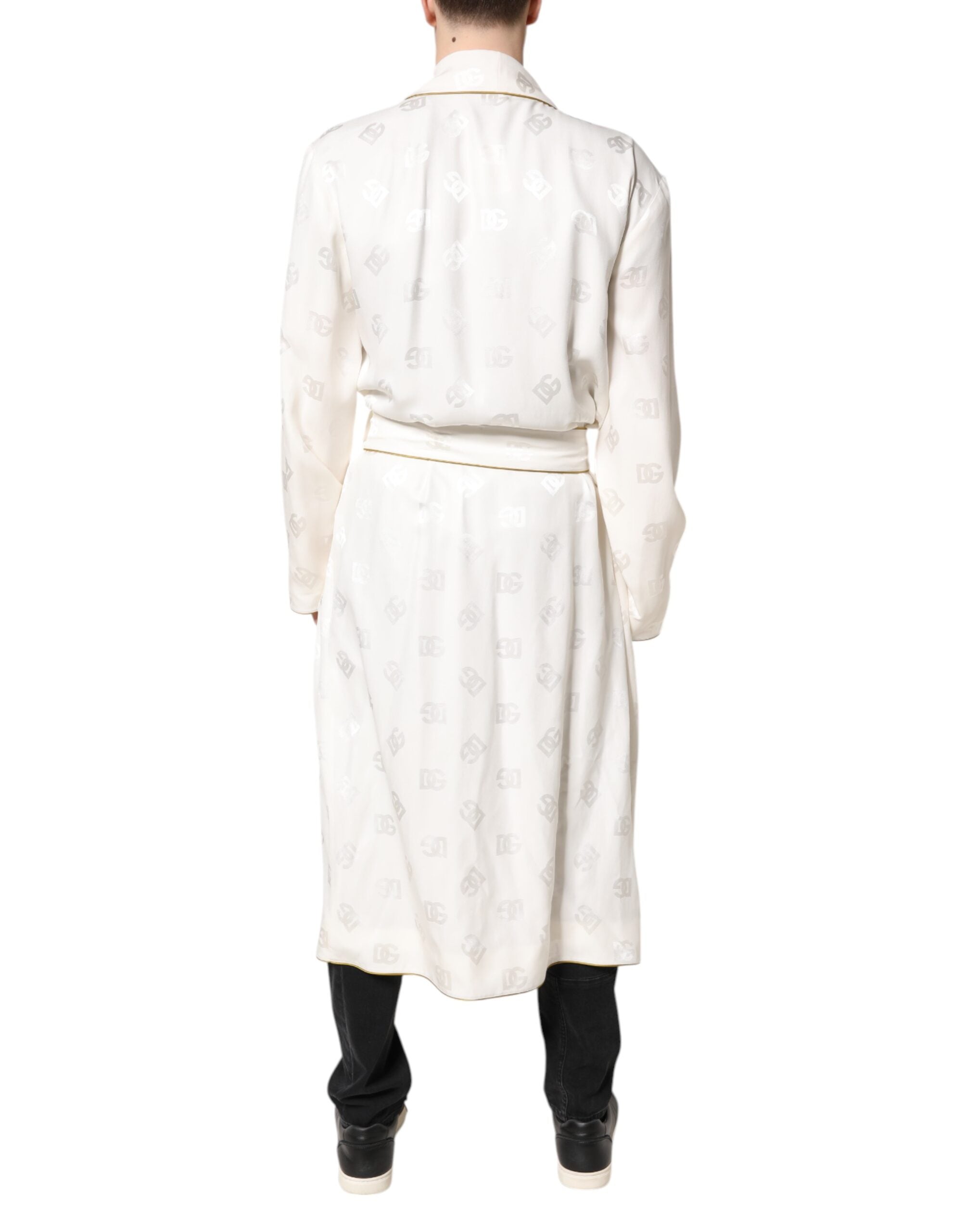 Dolce & Gabbana Ivory Silk Logo Men's Wrap Coat Jacket-4