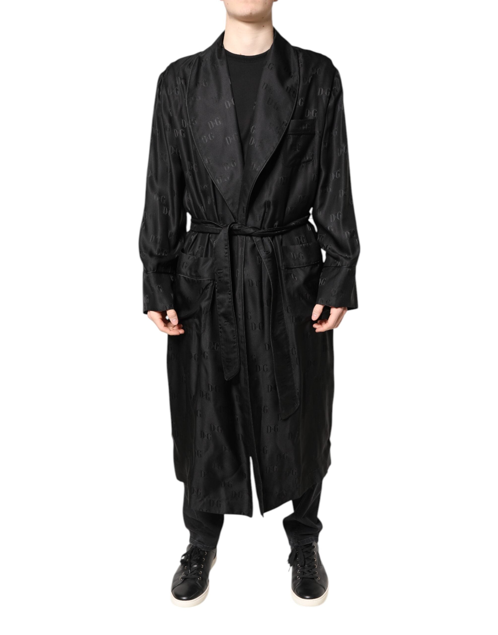 Dolce & Gabbana Black Silk DG Logo Men's Wrap Coat Jacket-2
