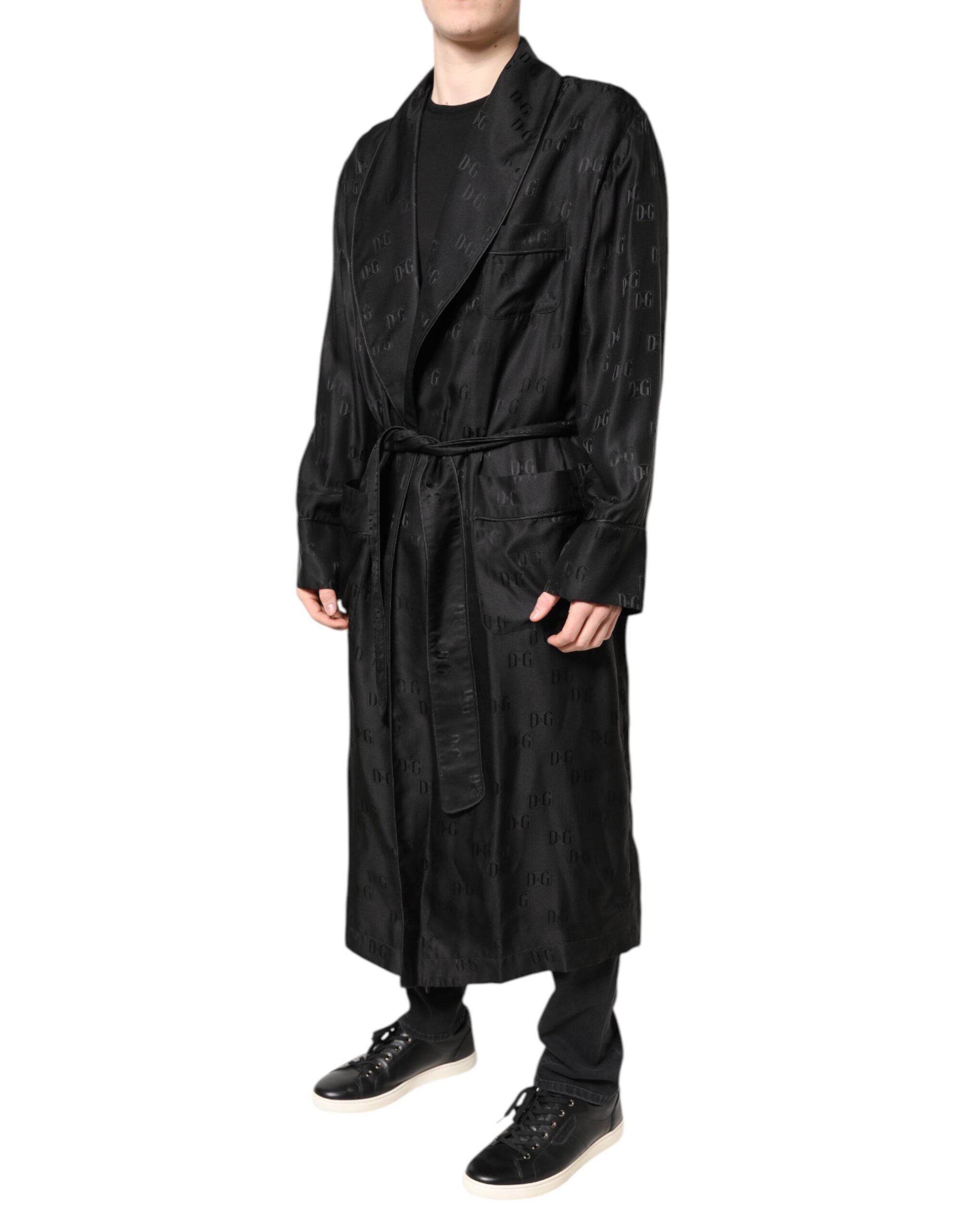 Dolce & Gabbana Black Silk DG Logo Men's Wrap Coat Jacket-3
