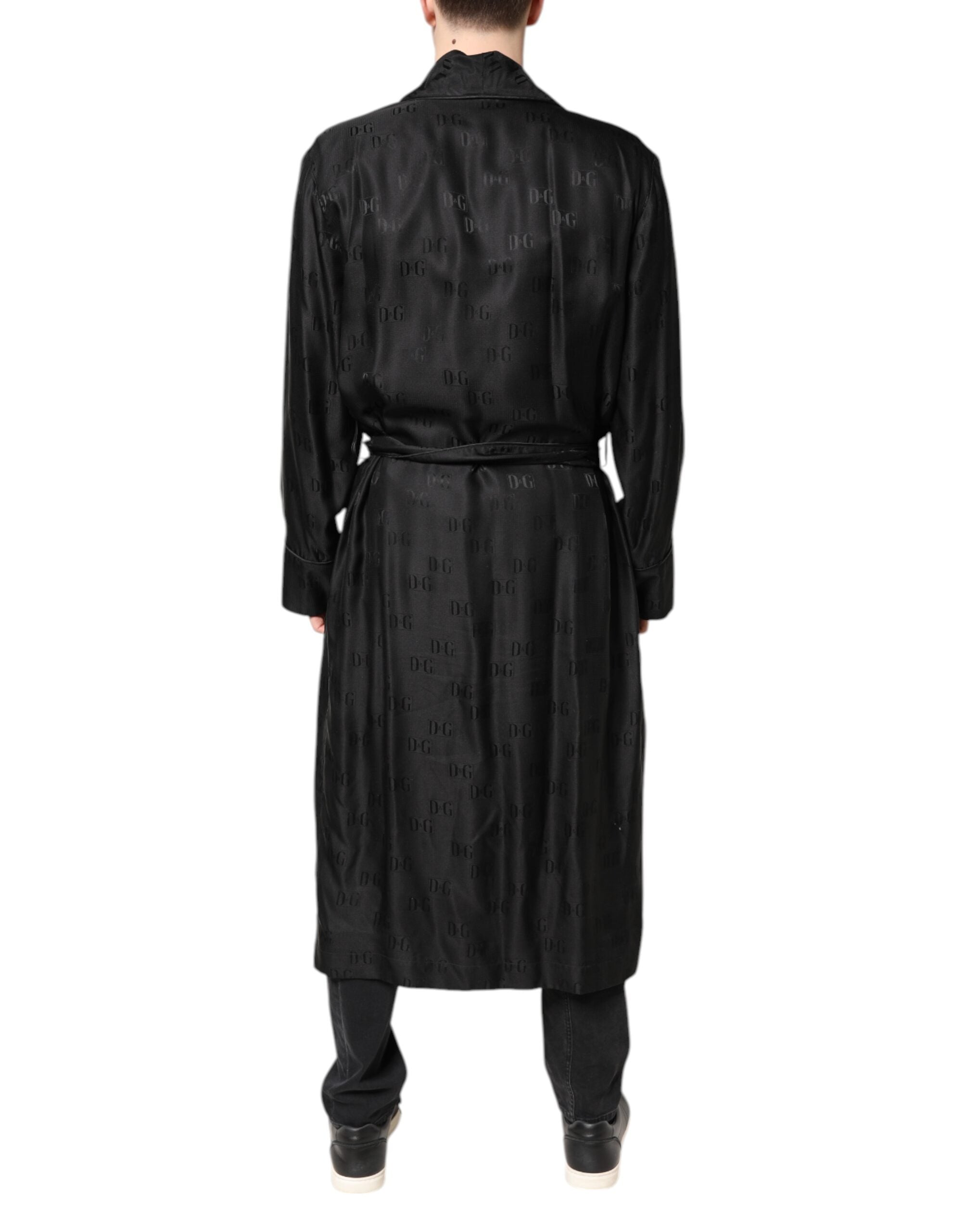 Dolce & Gabbana Black Silk DG Logo Men's Wrap Coat Jacket-4