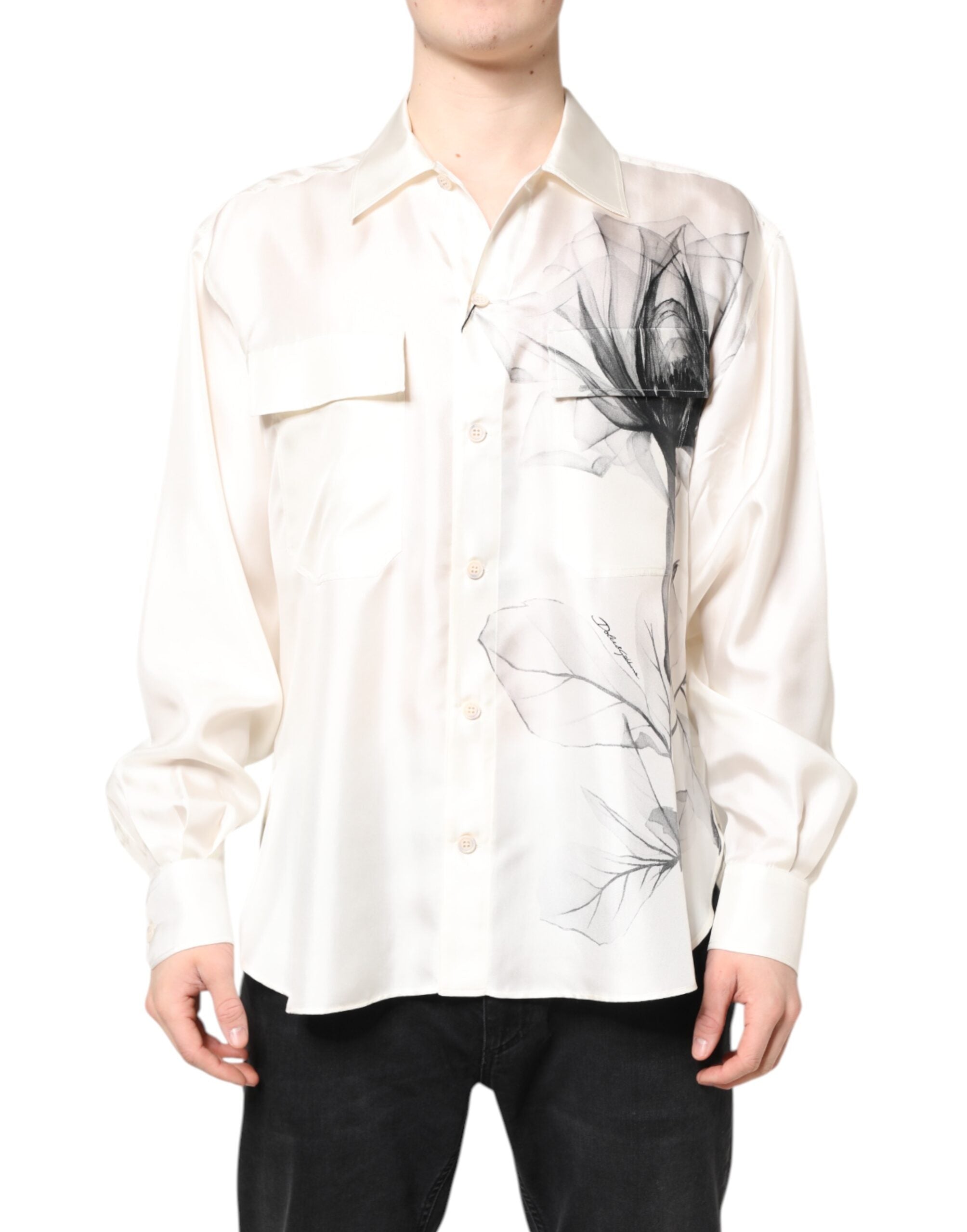 Camisa informal de manga larga de seda color marfil de Dolce & Gabbana para hombre-1