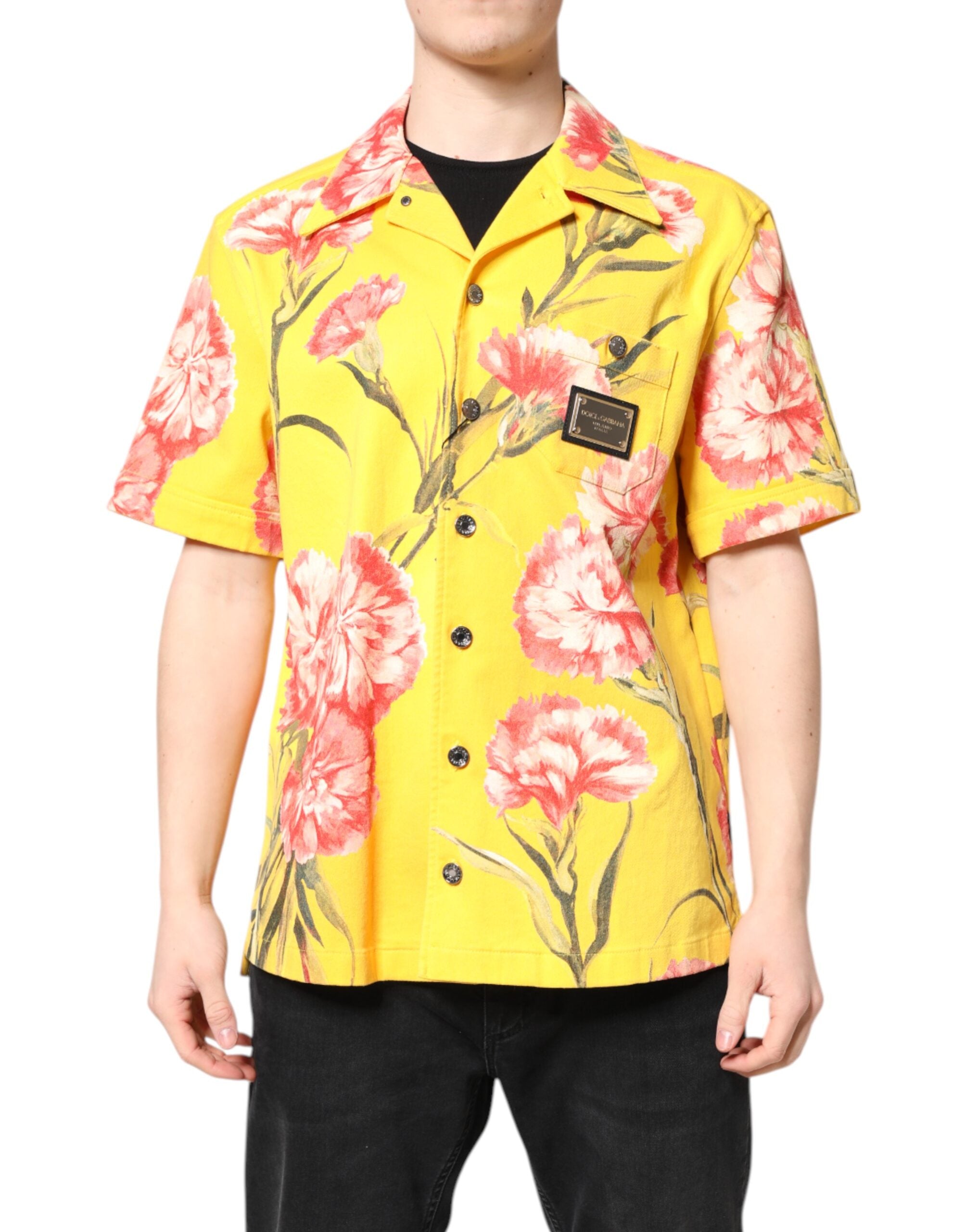 Dolce & Gabbana Yellow Floral Men's Button Down Casual Shirt-1
