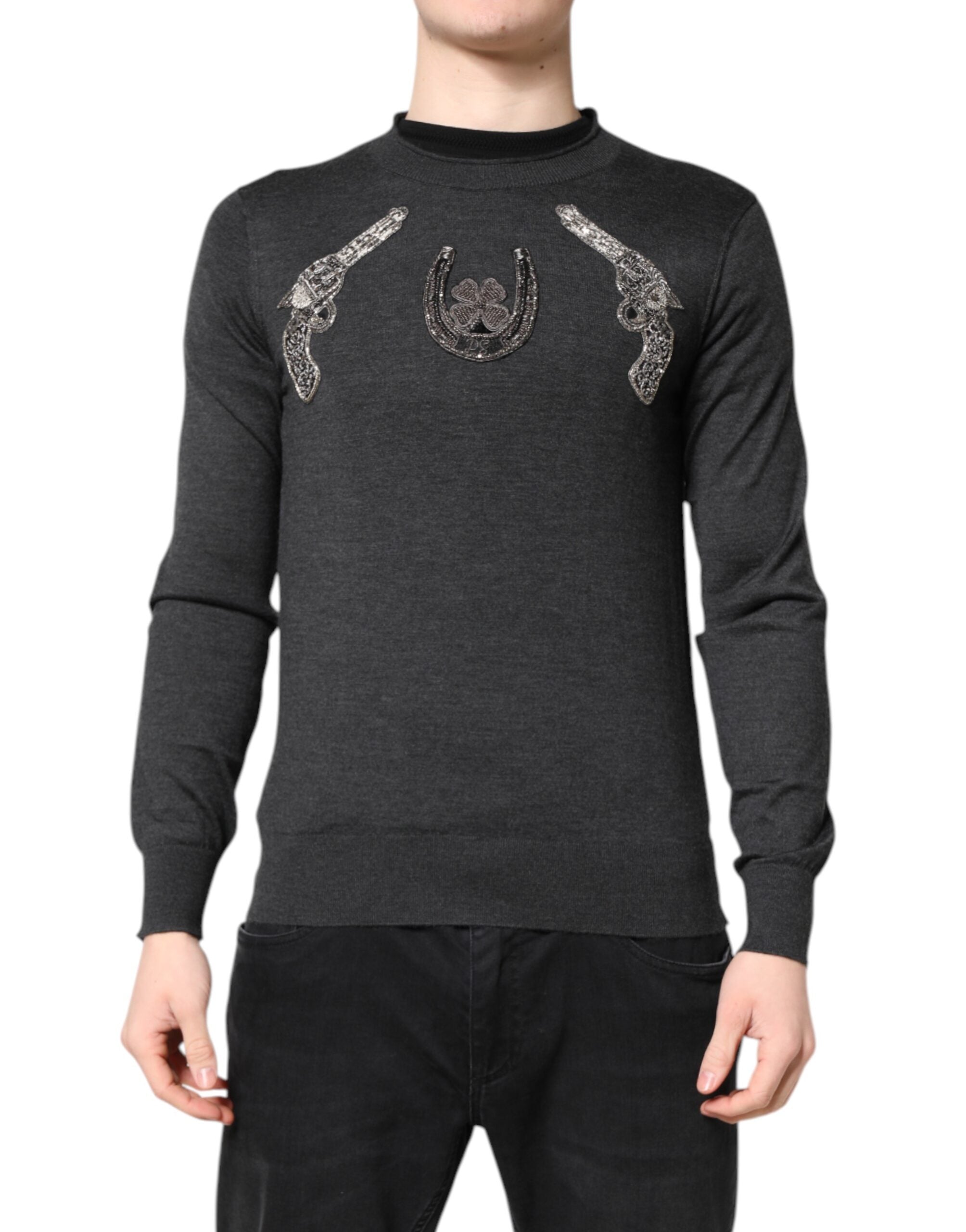 Dolce & Gabbana Grey Embroidered Knit Sweater for Men-1