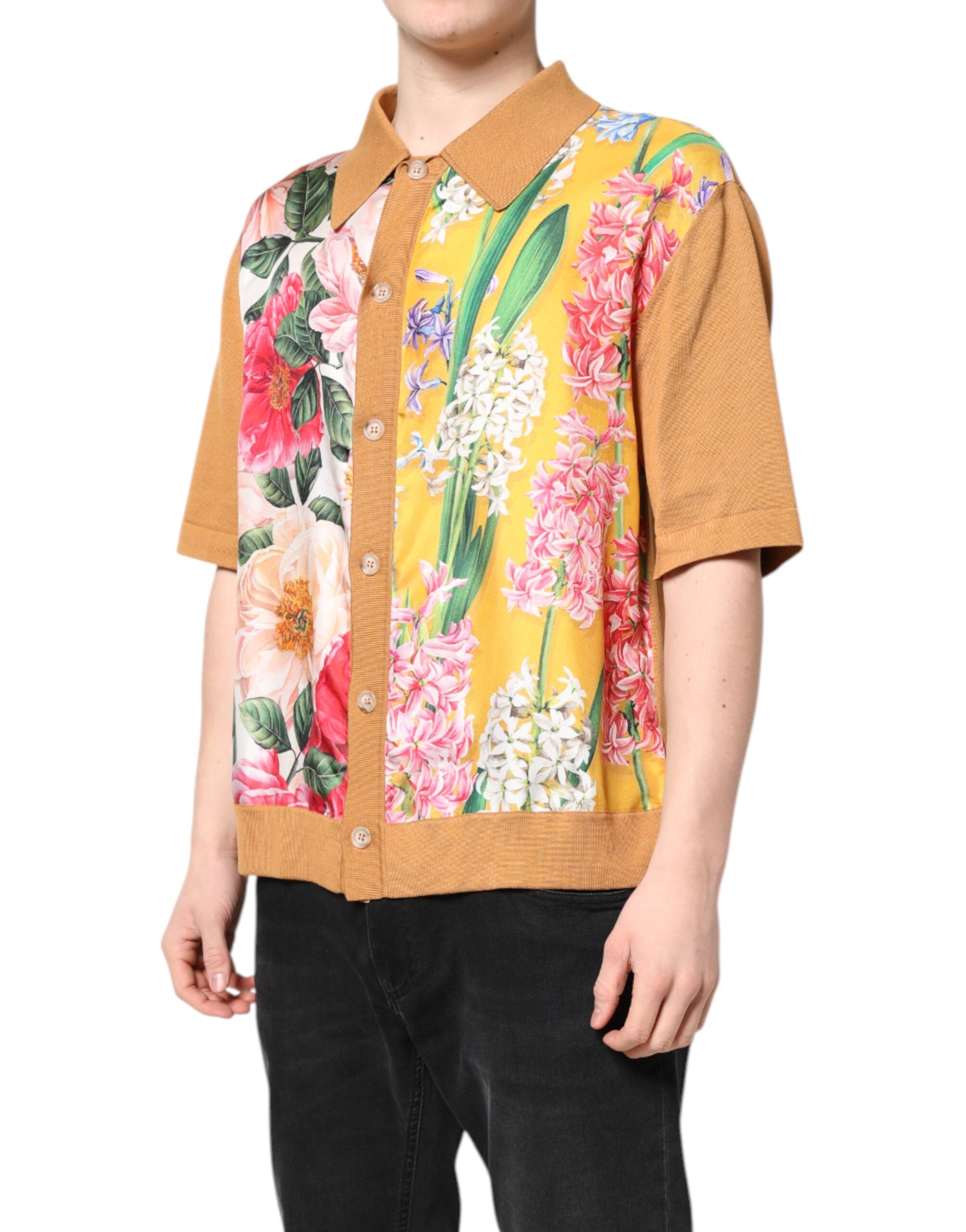 Dolce & Gabbana Braunes T-Shirt mit Blumenmuster und kurzen Ärmeln-3
