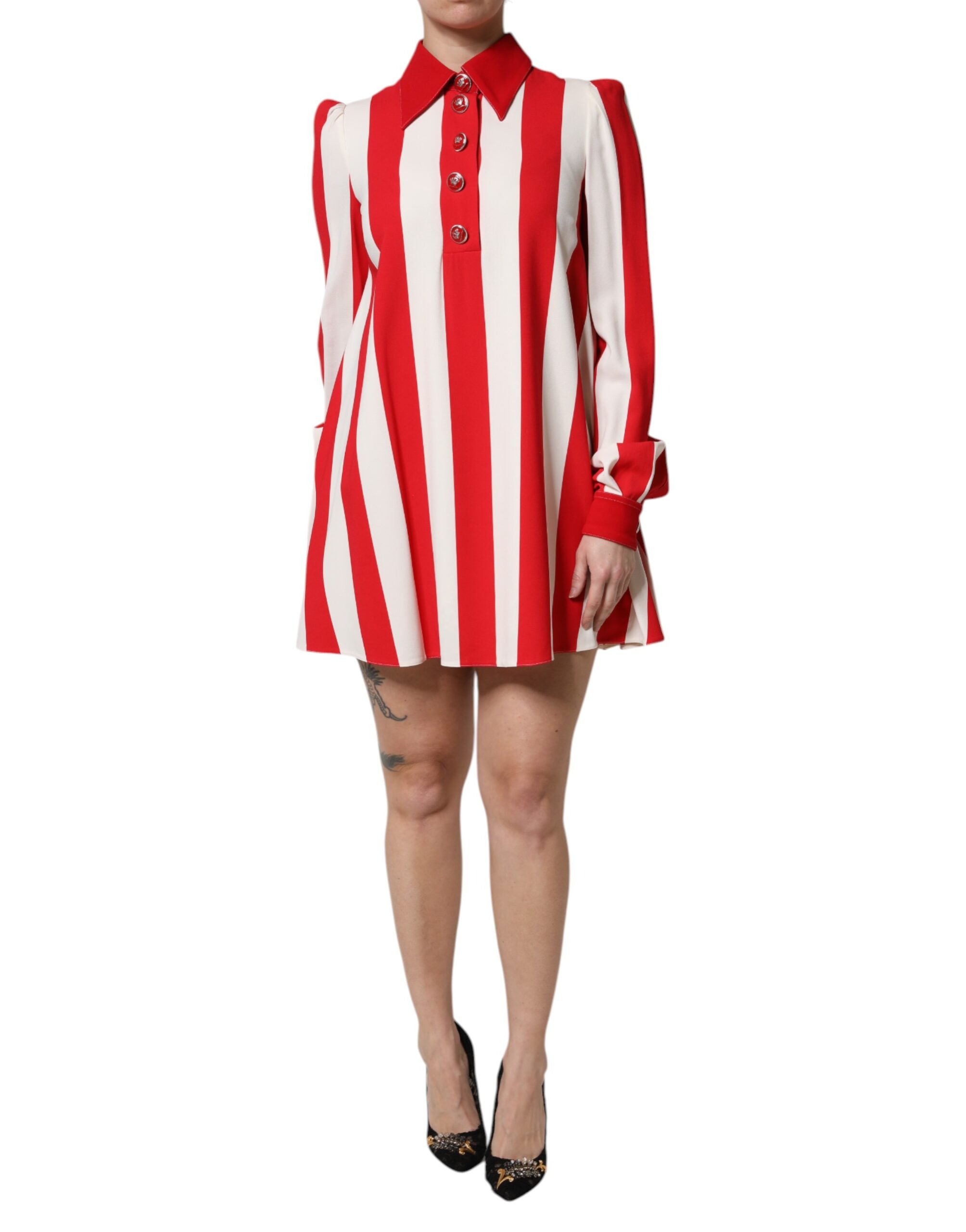 Dolce & Gabbana white and red striped long-sleeved mini dress-2