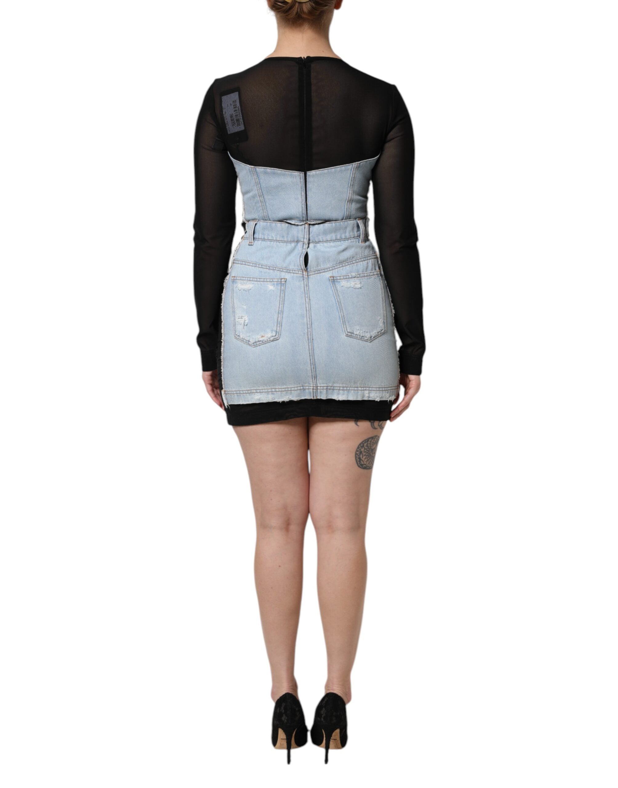 Dolce & Gabbana Schwarz-Blau Langärmeliges Denim-Minikleid-4
