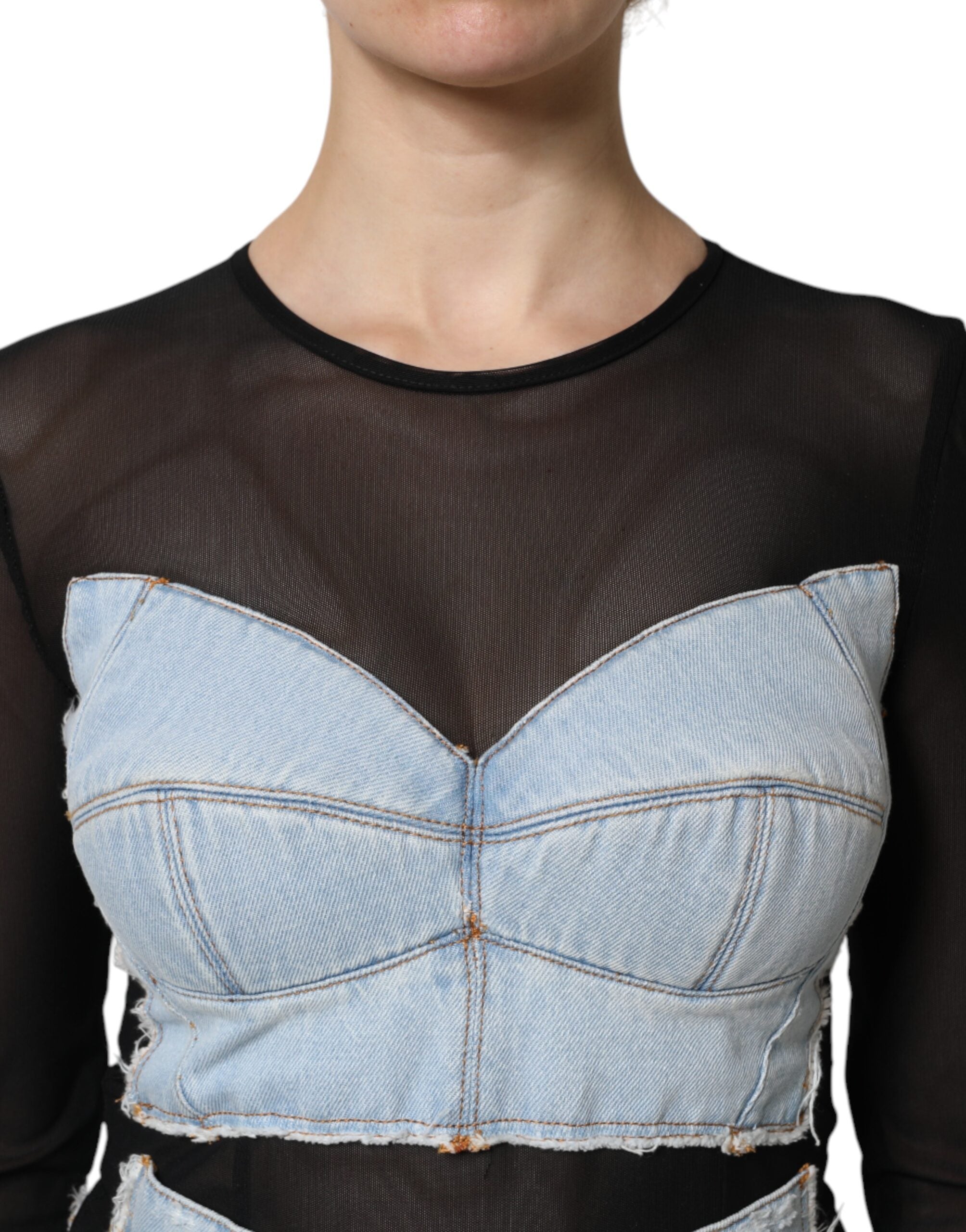 Dolce & Gabbana Schwarz-Blau Langärmeliges Denim-Minikleid-5