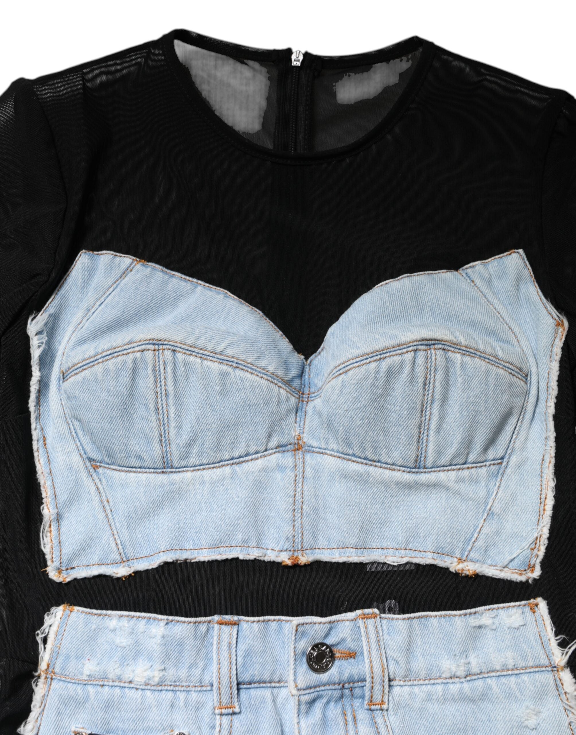 Dolce & Gabbana Schwarz-Blau Langärmeliges Denim-Minikleid-8