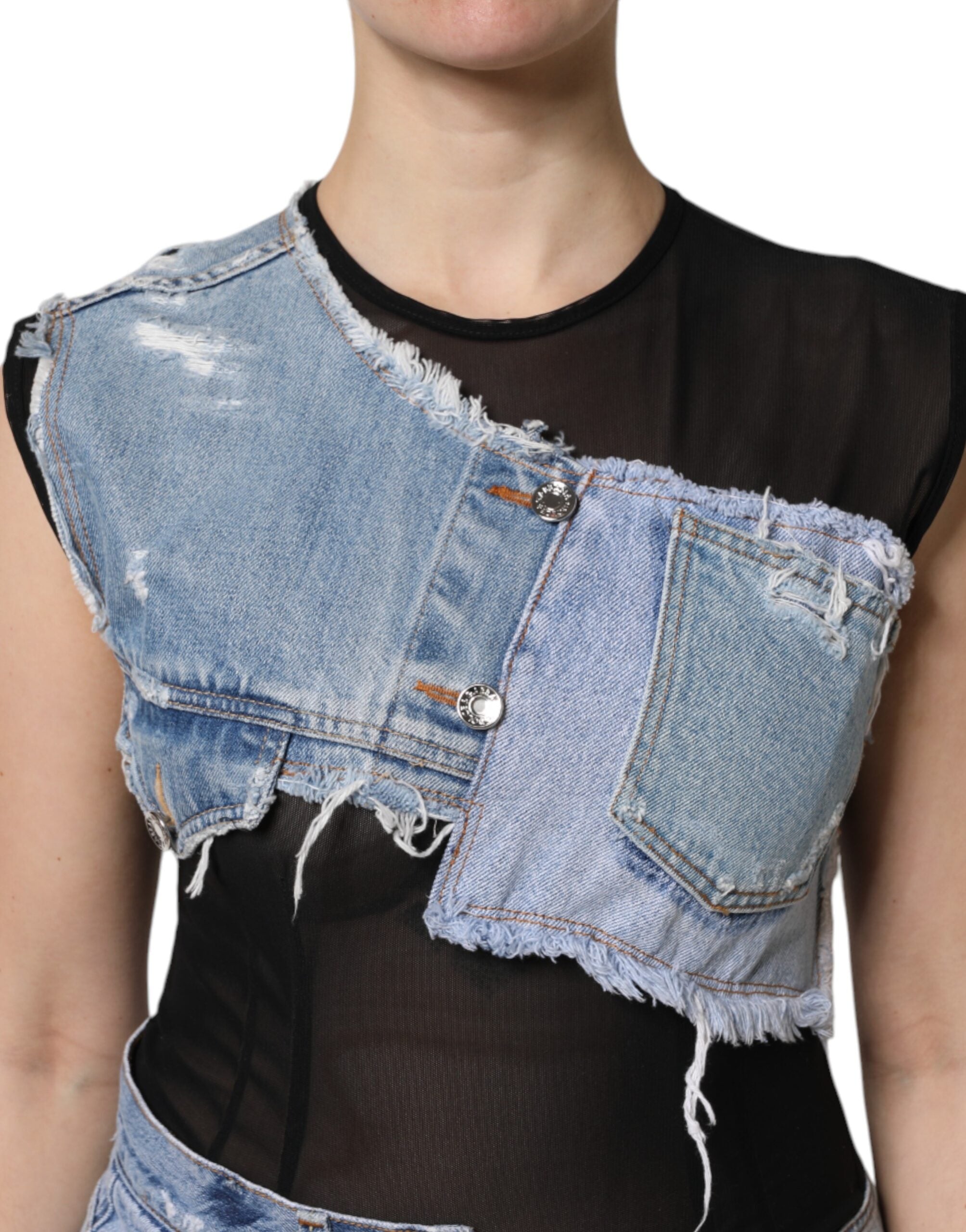 Dolce & Gabbana Schwarzblaues ärmelloses Denim-Minikleid-5