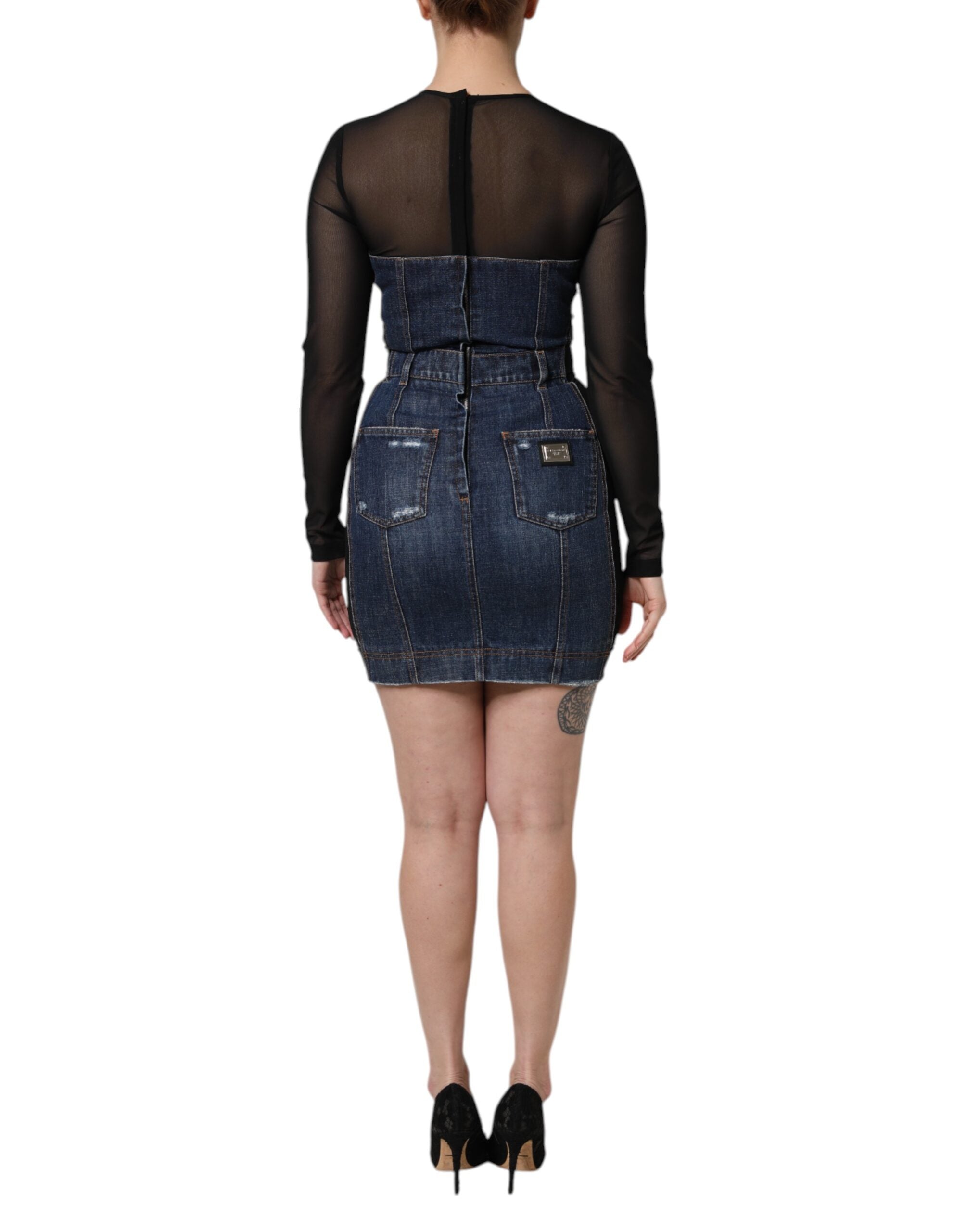 Dolce & Gabbana Schwarz-Blau Langärmeliges Denim-Minikleid-4
