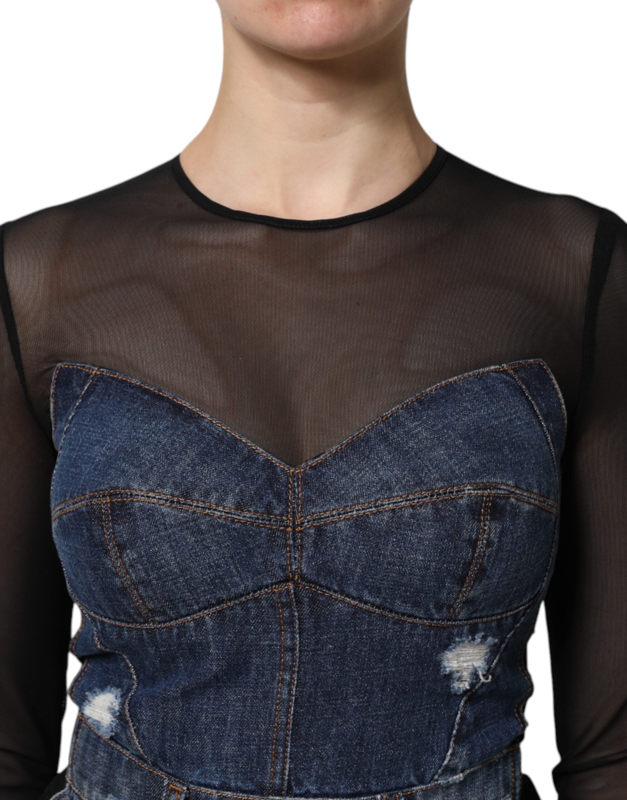 Dolce & Gabbana Schwarz-Blau Langärmeliges Denim-Minikleid-5
