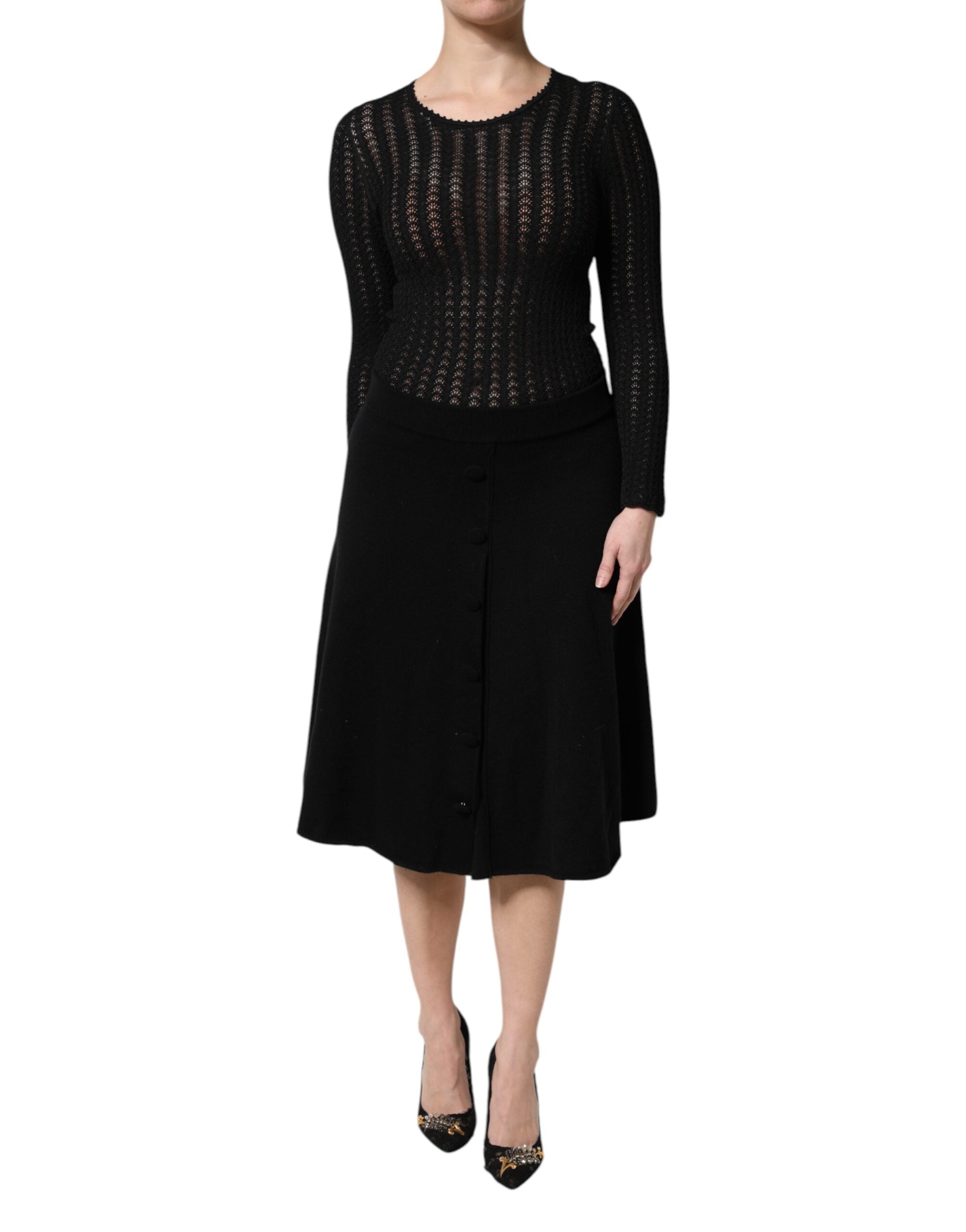 Vestido midi de cachemir negro de Dolce & Gabbana con mangas largas y corte en A-1