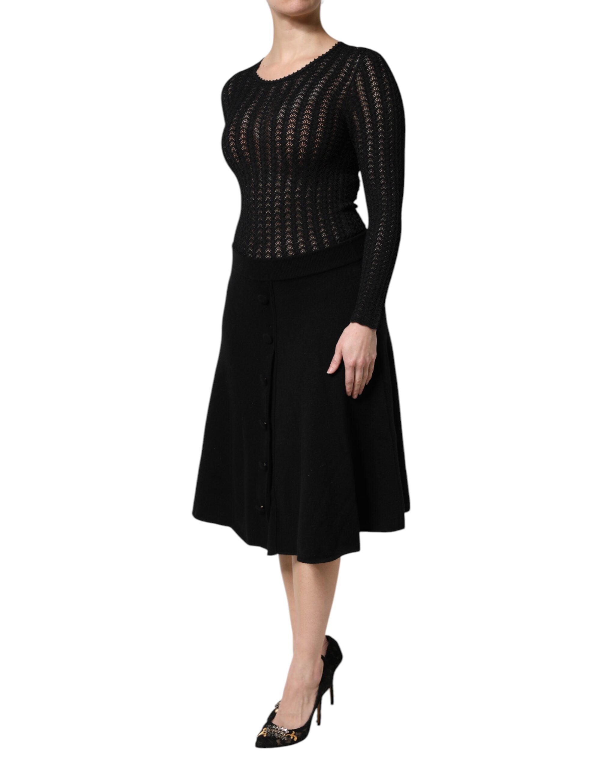Vestido midi de cachemir negro de Dolce & Gabbana con mangas largas y corte en A-3