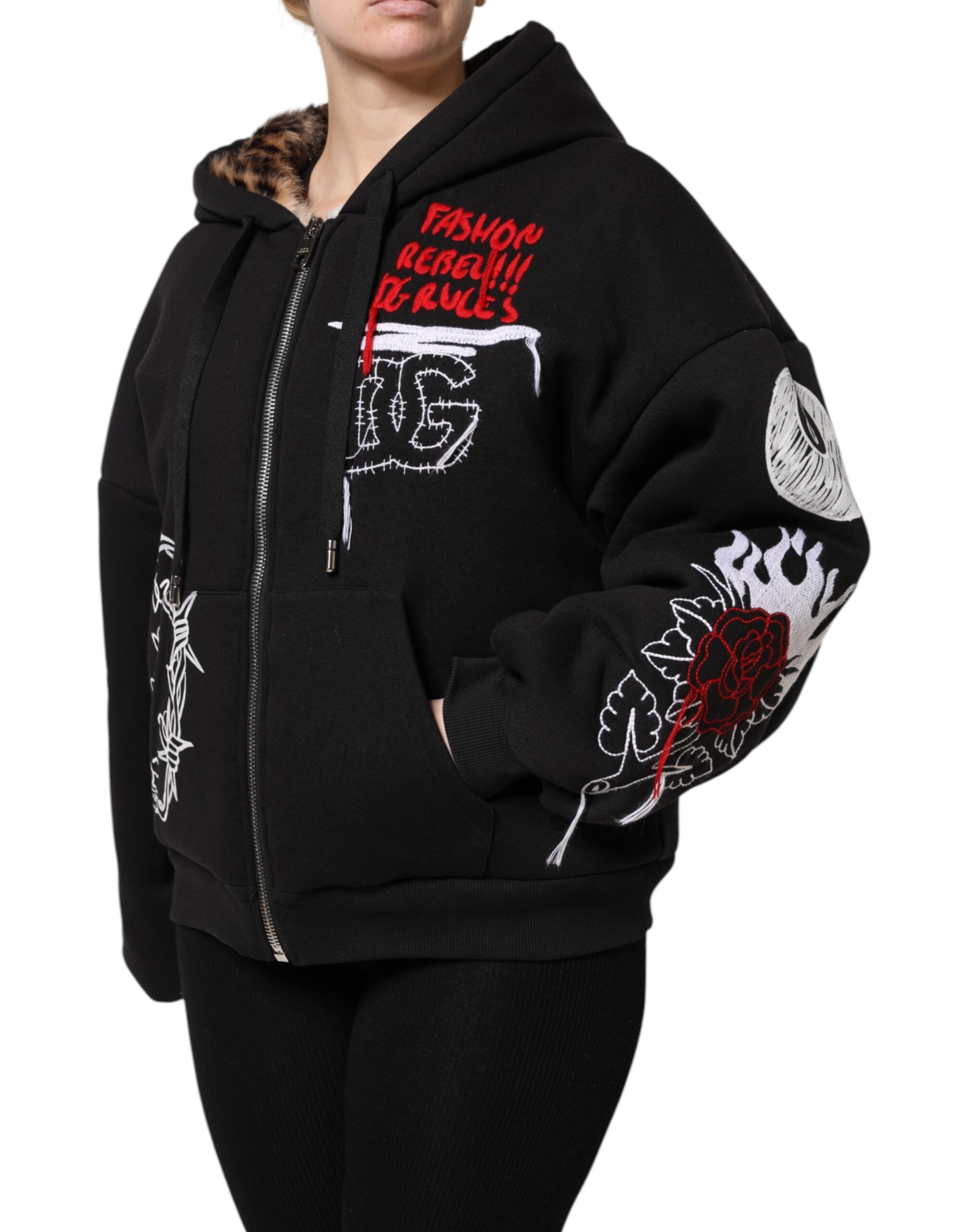 Dolce & Gabbana black embroidered jacket with hood and zipper-3