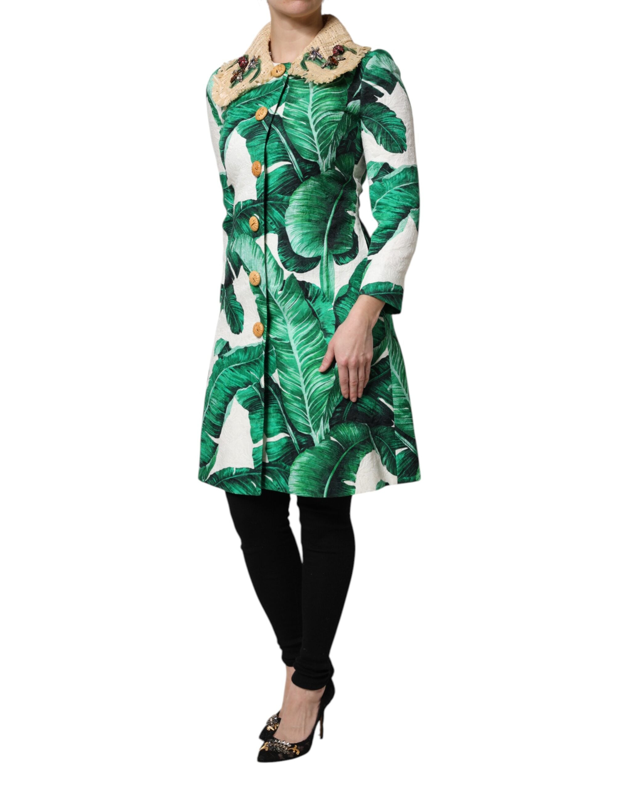 Dolce & Gabbana multicolor trench coat jacket with leaf print and embellishments-3