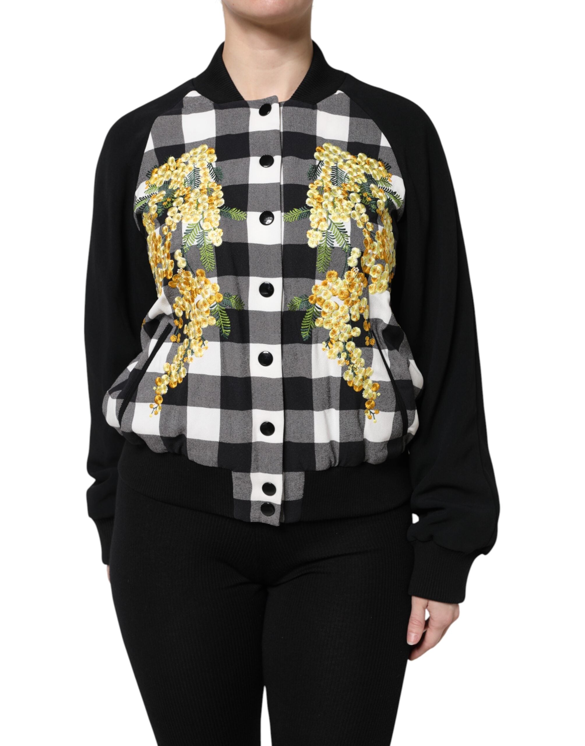 Dolce & Gabbana Black and White Check Floral Button Down Jacket