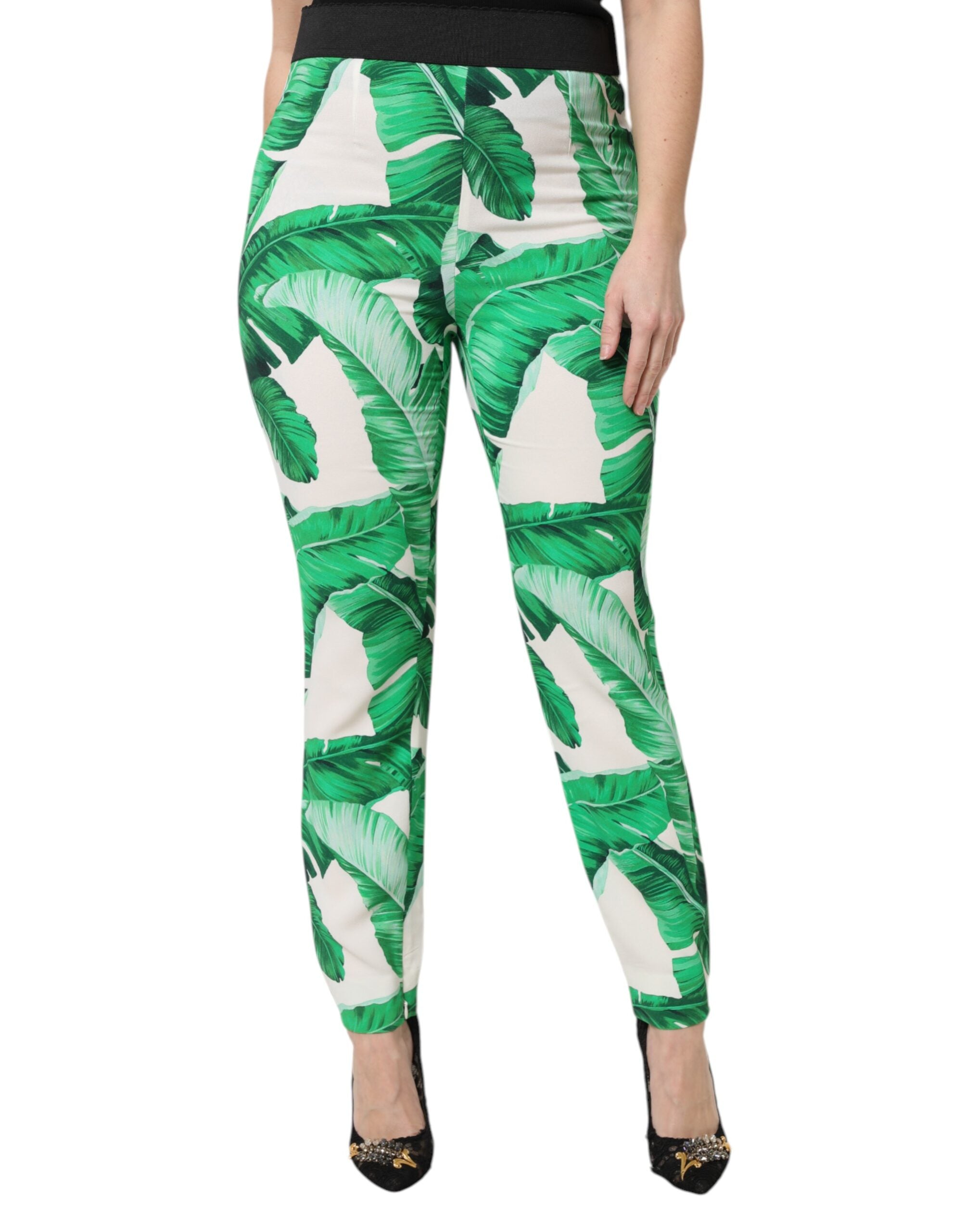 Dolce & Gabbana Weiß Grün Blatt Hohe Taille Hose-2
