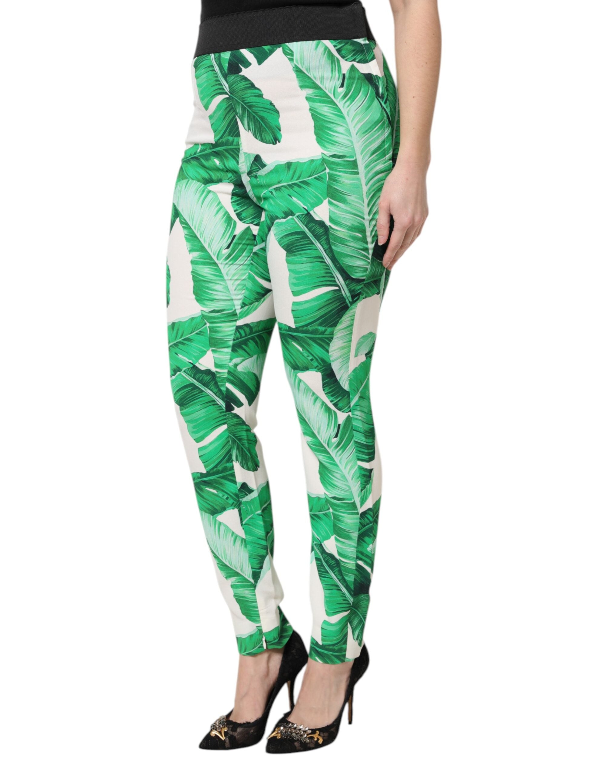 Dolce & Gabbana Weiß Grün Blatt Hohe Taille Hose-3