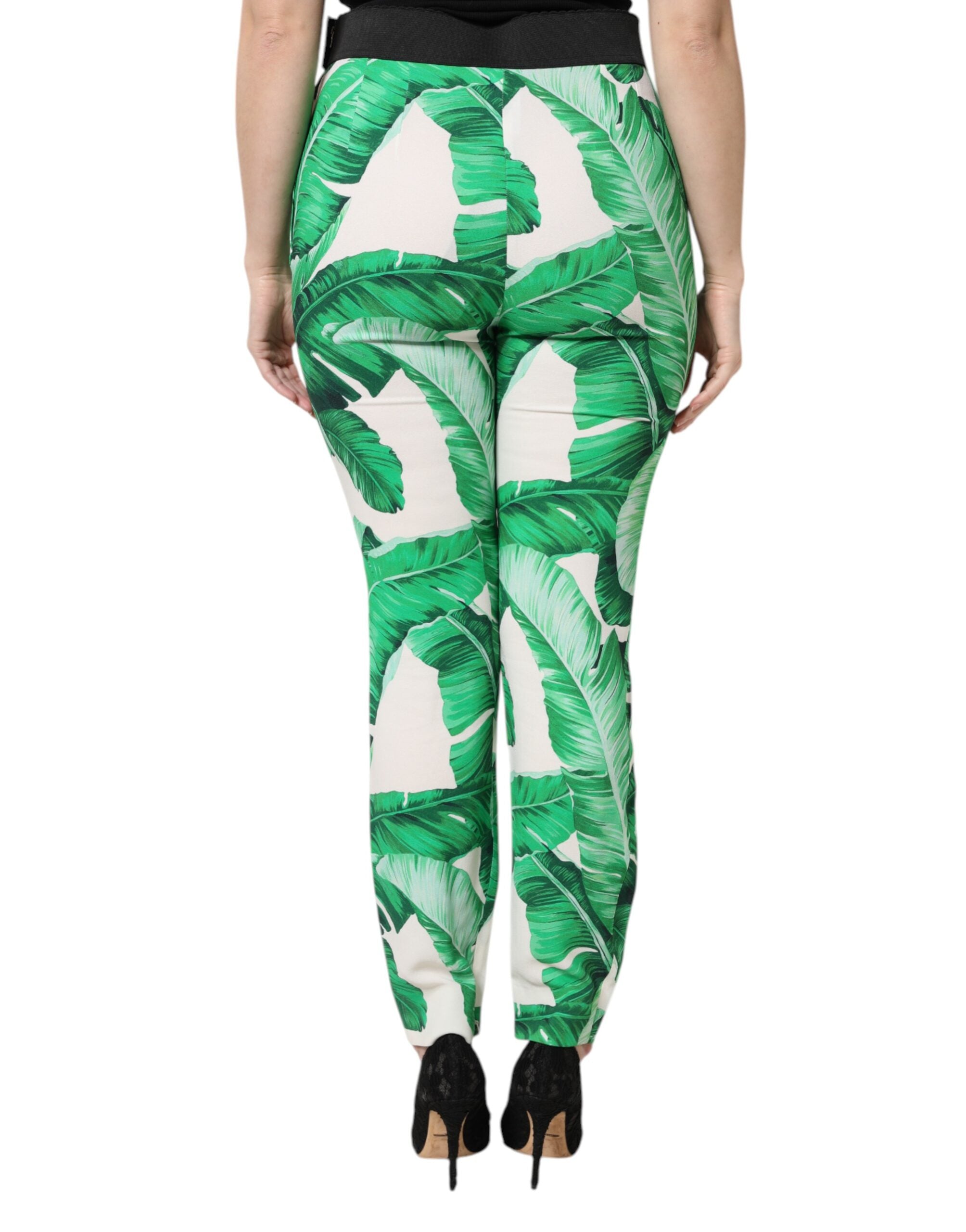 Dolce & Gabbana Weiß Grün Blatt Hohe Taille Hose-4