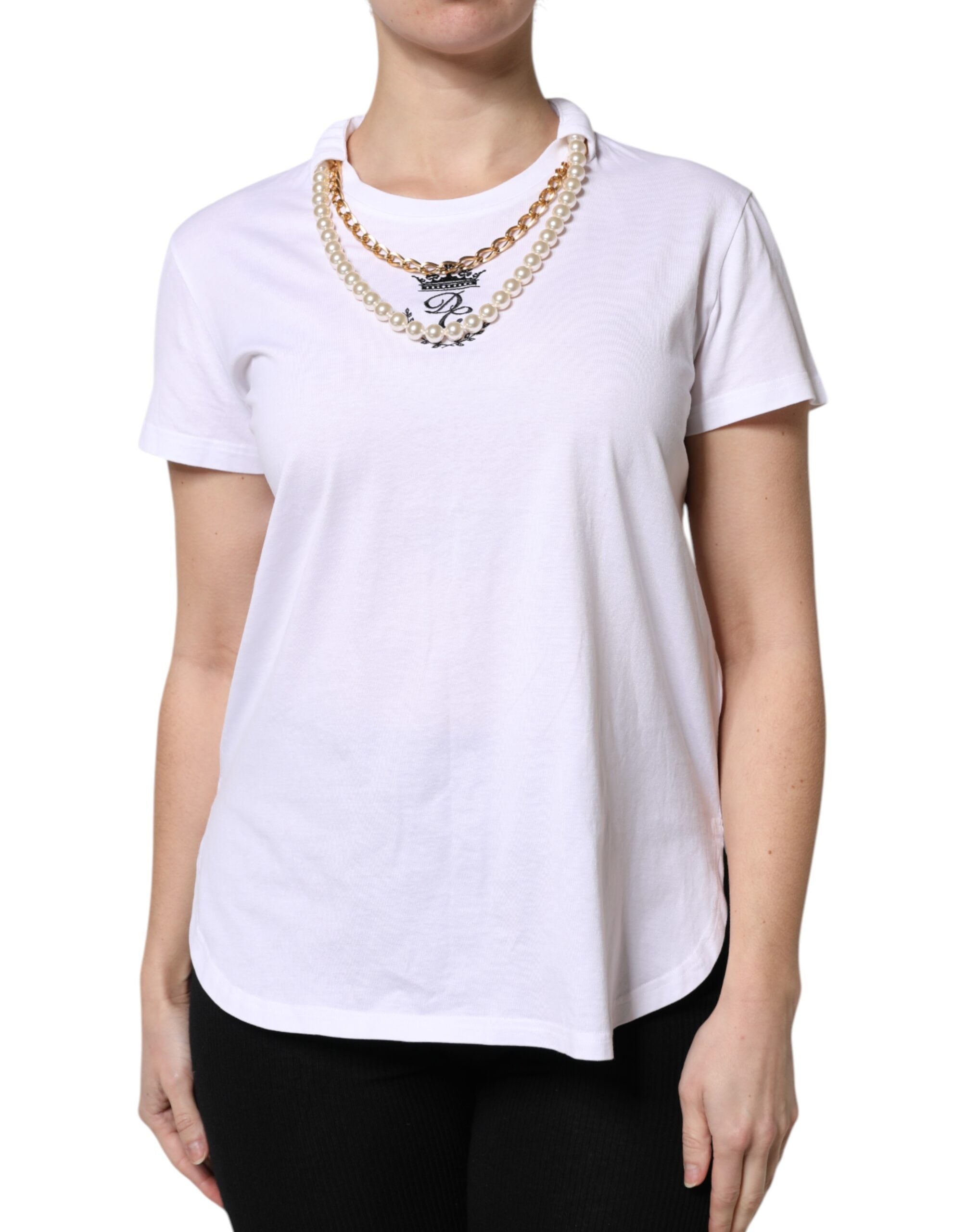 Camiseta de algodón con cuello redondo, cadena y perlas blancas de Dolce & Gabbana-2