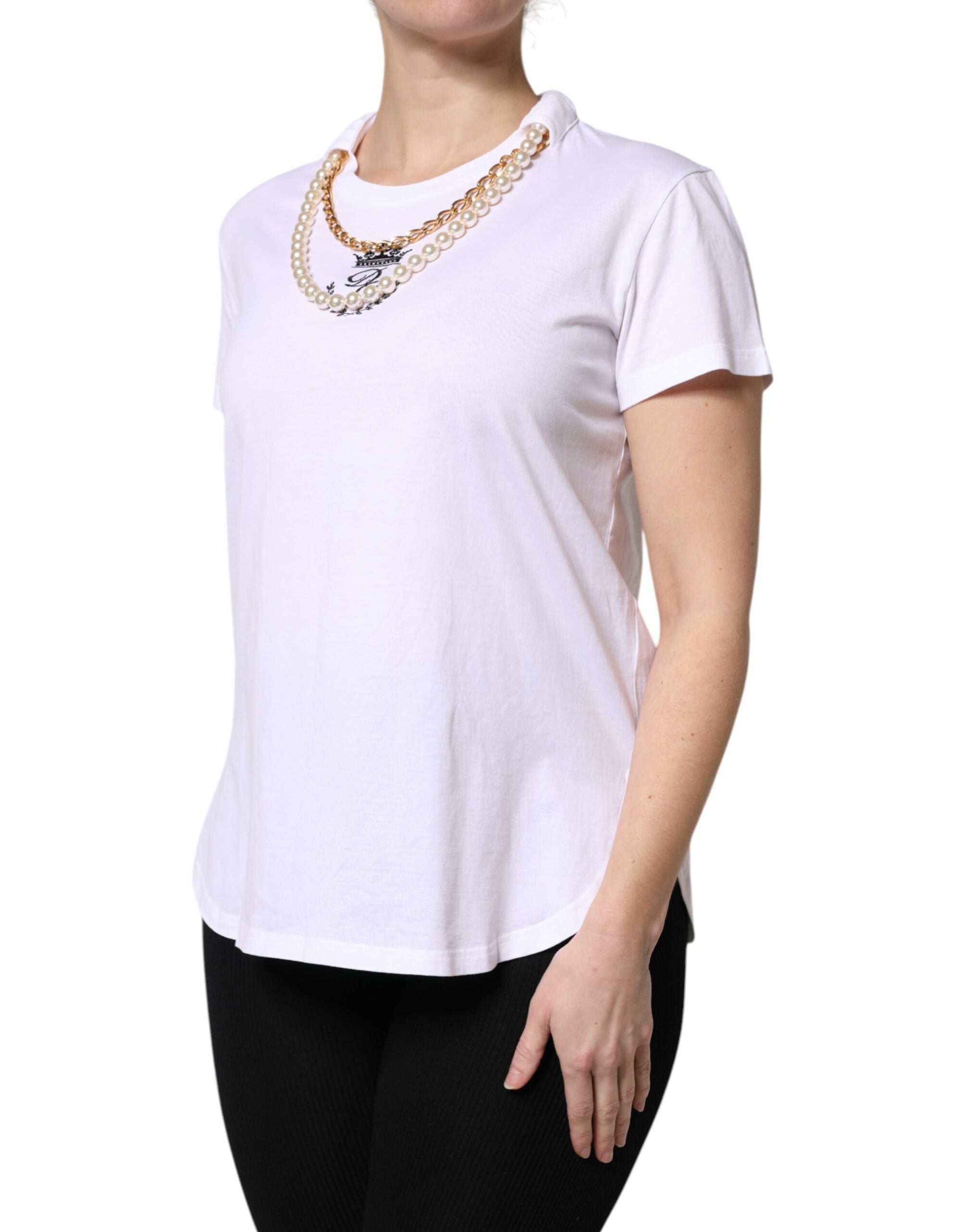 Camiseta de algodón con cuello redondo, cadena y perlas blancas de Dolce & Gabbana-3