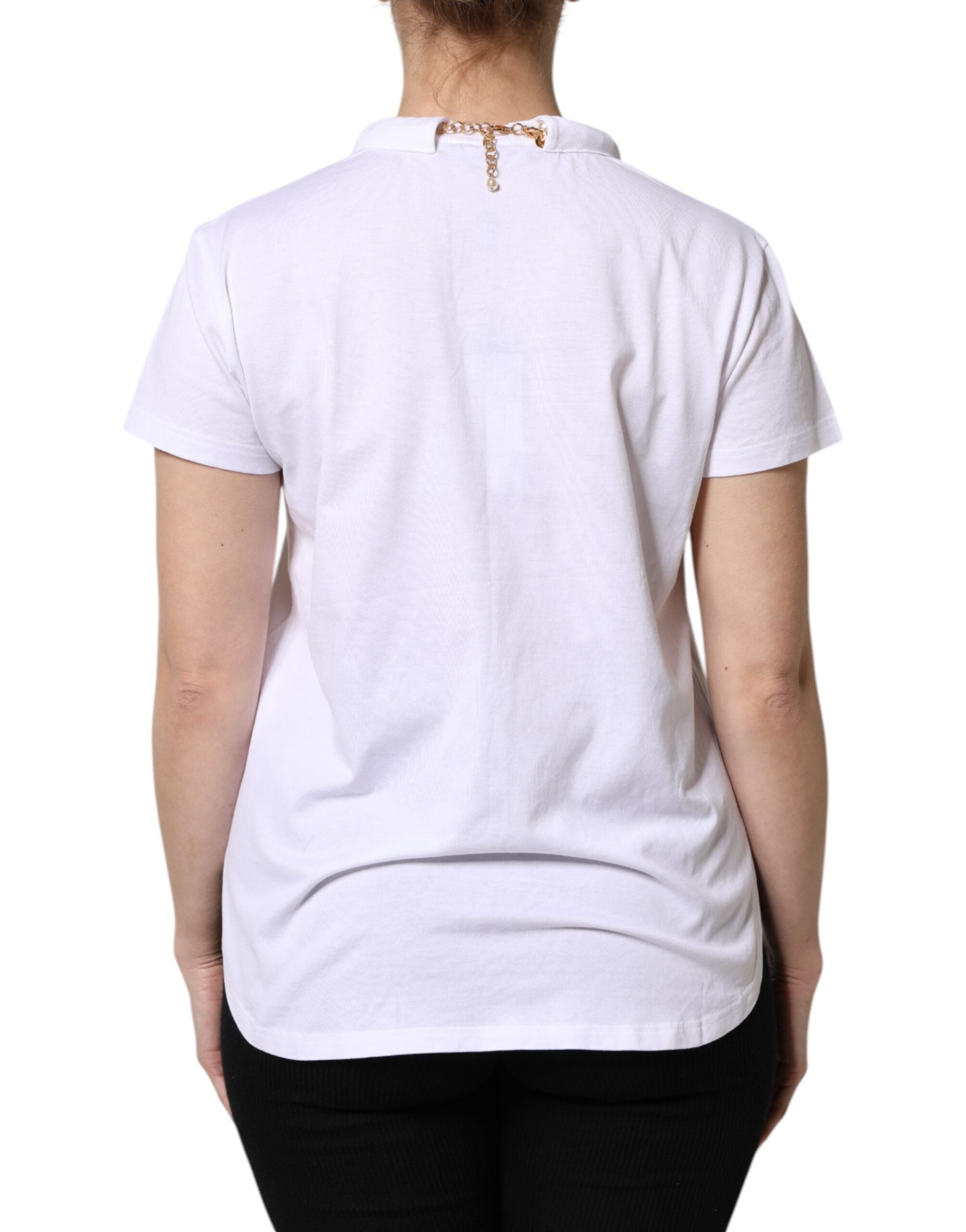 Camiseta de algodón con cuello redondo, cadena y perlas blancas de Dolce & Gabbana-4