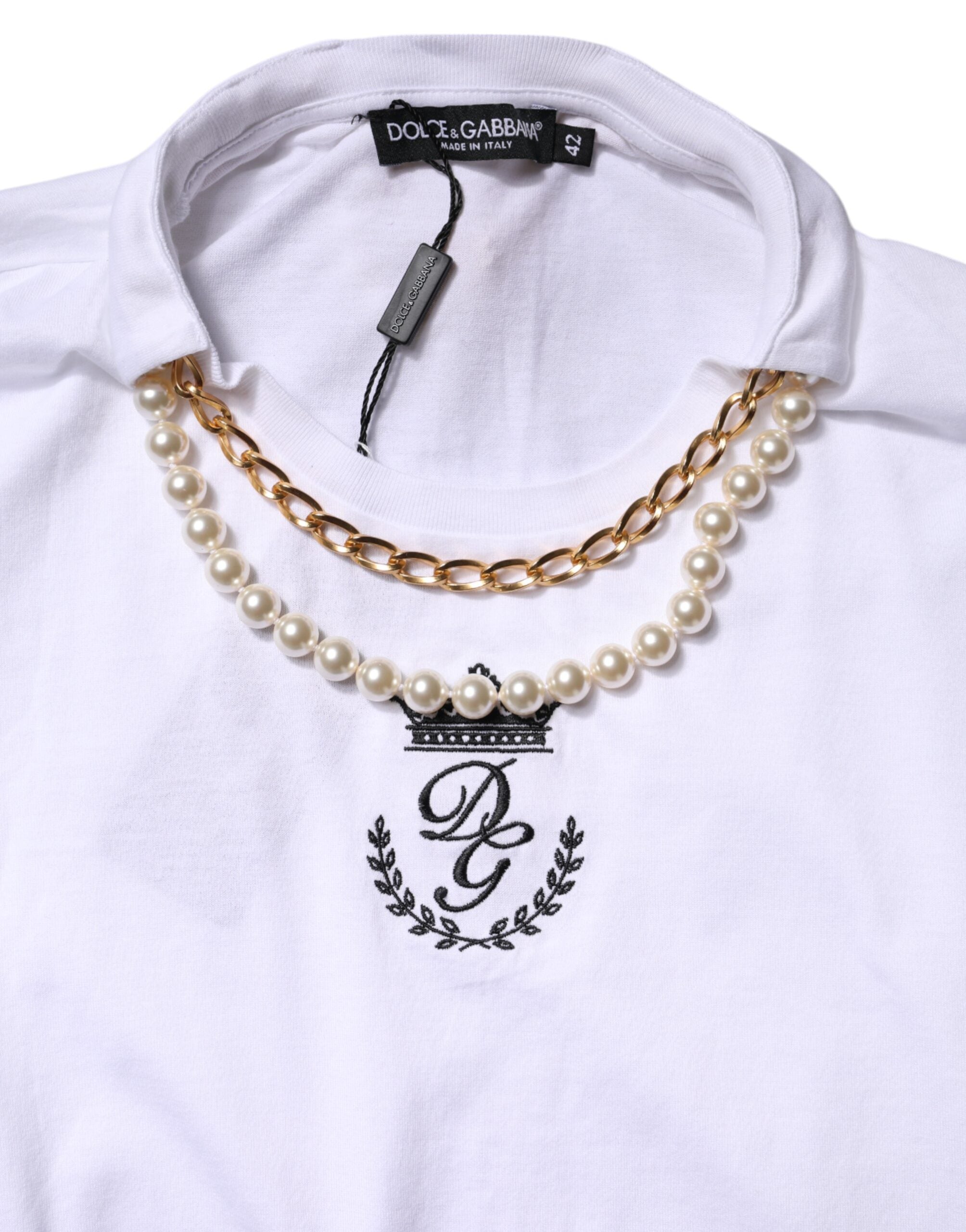Camiseta de algodón con cuello redondo, cadena y perlas blancas de Dolce & Gabbana-7