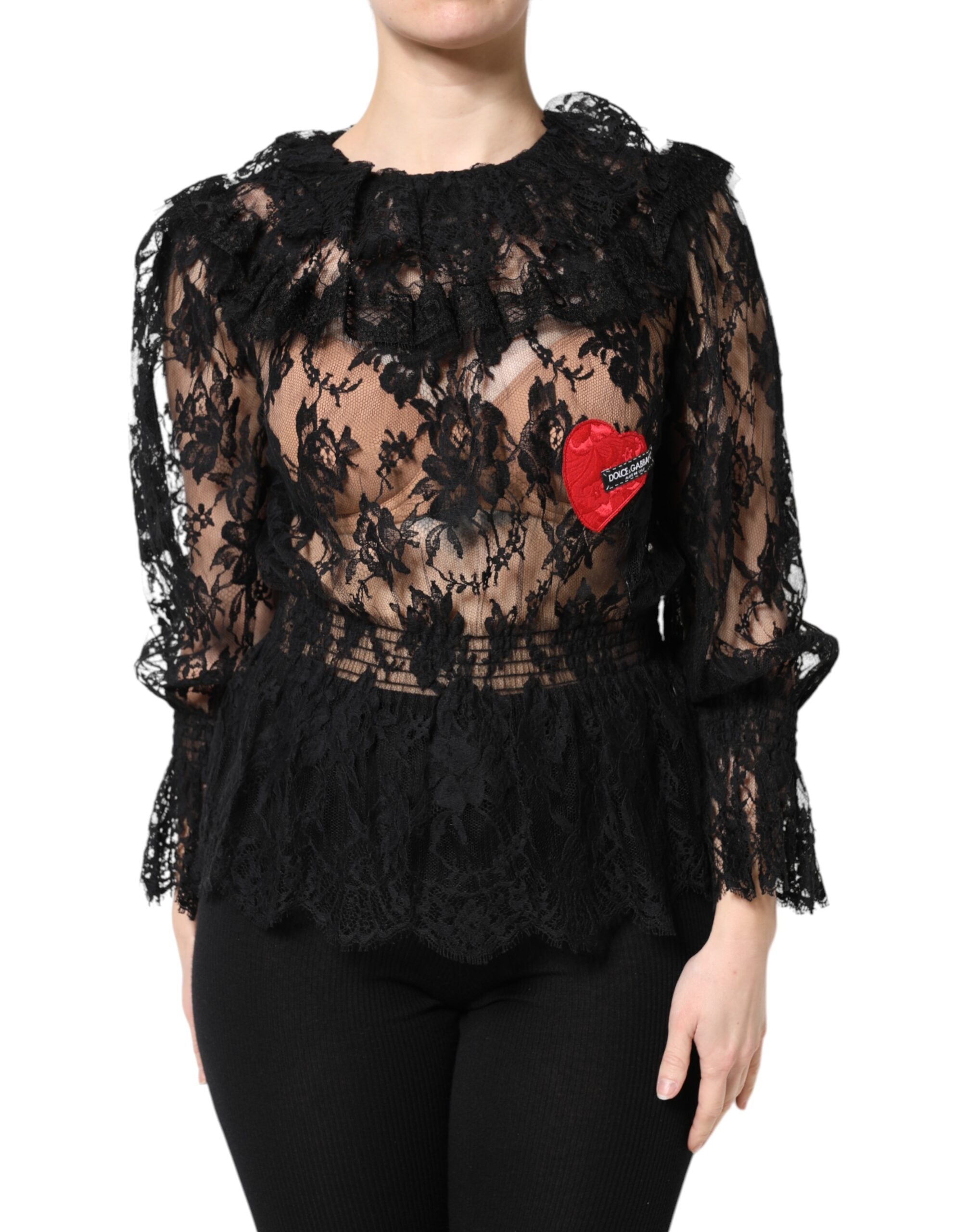 Dolce & Gabbana Black Cotton Blouse Top with Floral Lace for Women-1