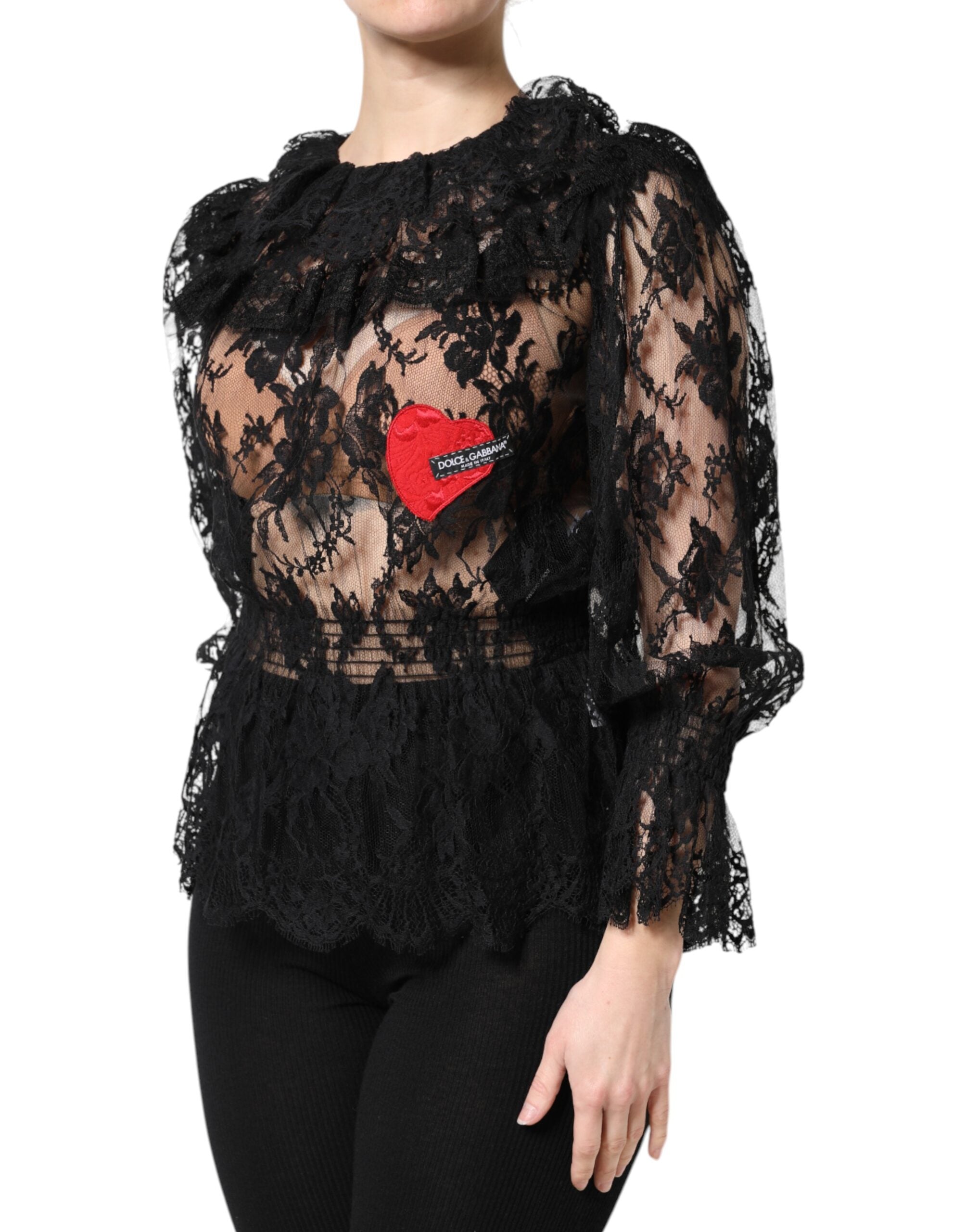 Dolce & Gabbana Black Cotton Blouse Top with Floral Lace for Women-3