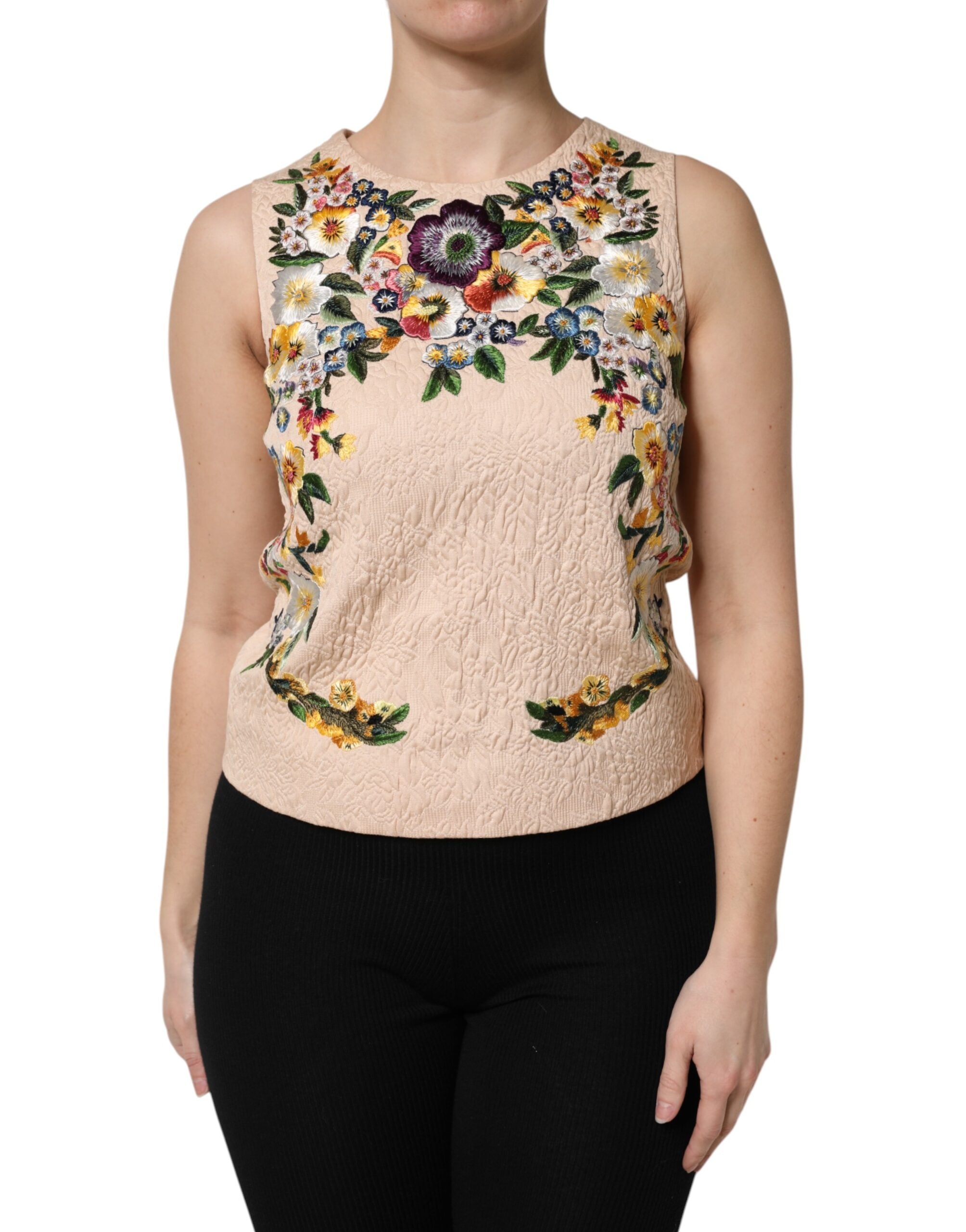 Dolce & Gabbana Beigefarbenes ärmelloses Tank-Top mit Blumenstickerei-1