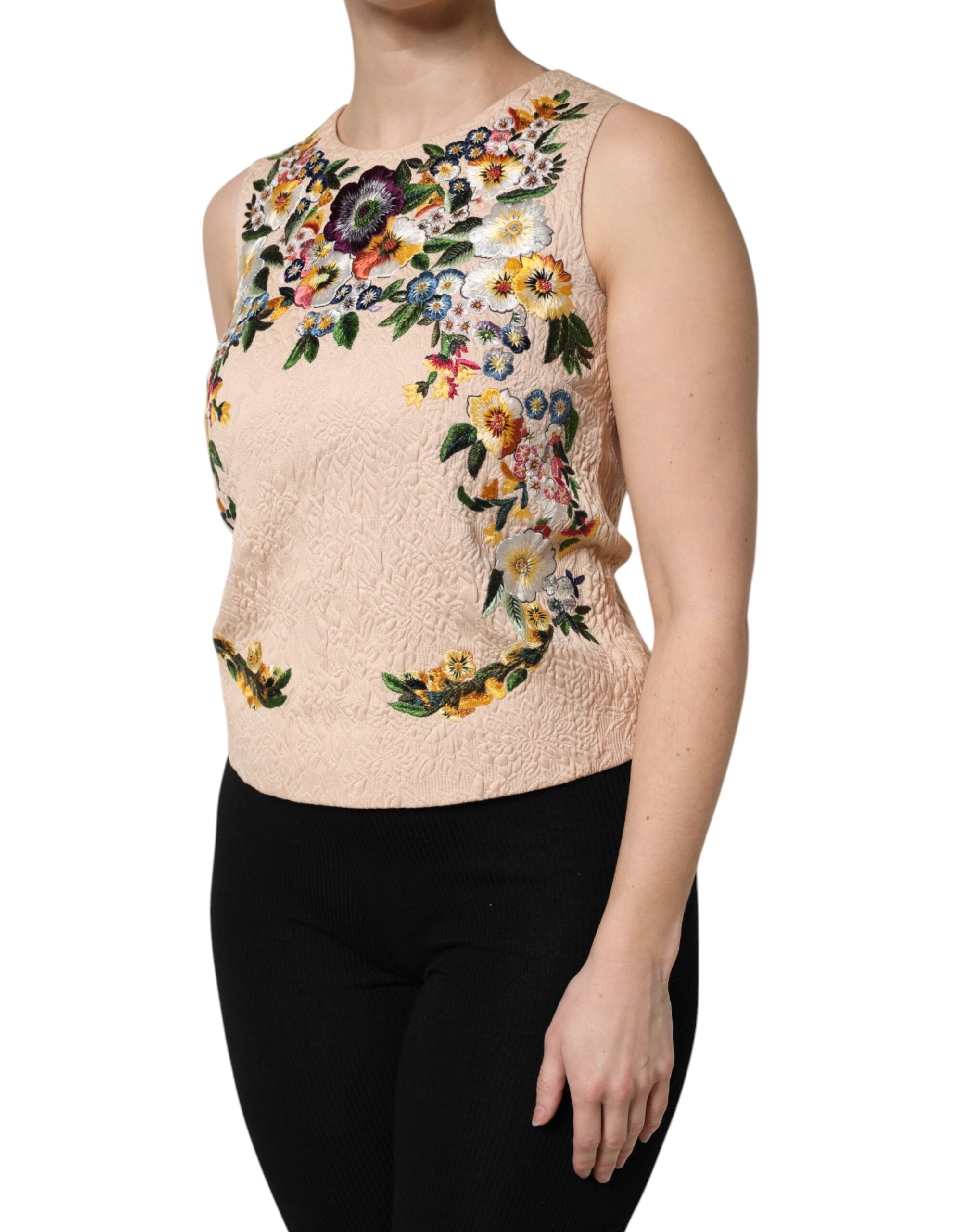 Dolce & Gabbana Beigefarbenes ärmelloses Tank-Top mit Blumenstickerei-3
