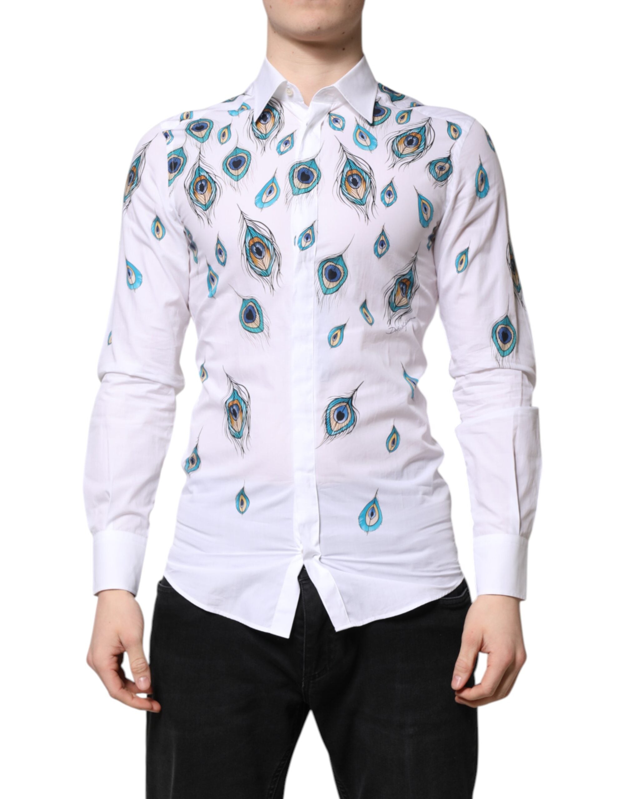 Dolce & Gabbana White Cotton Shirt with Feather Pattern GOLD-2