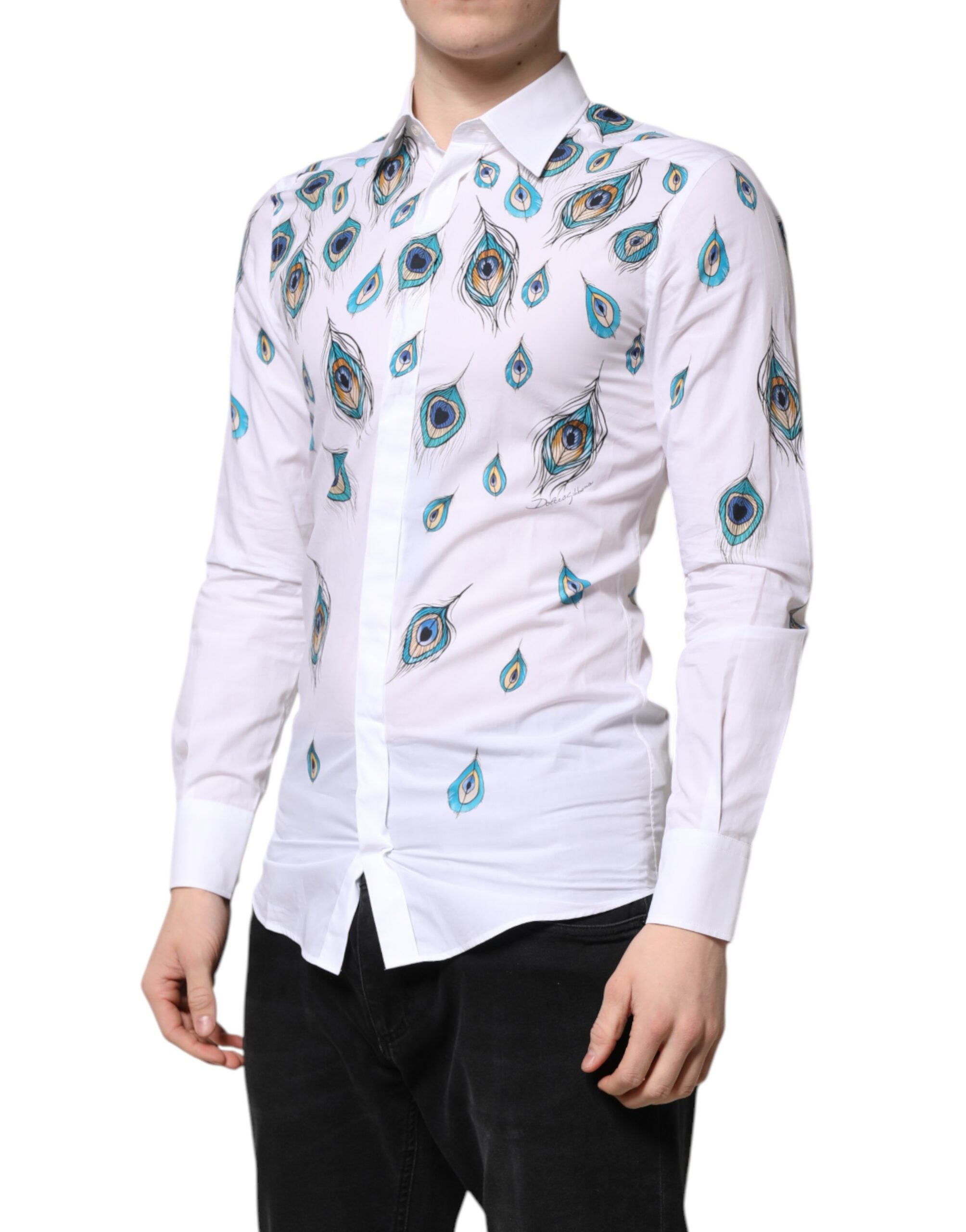 Dolce & Gabbana White Cotton Shirt with Feather Pattern GOLD-3