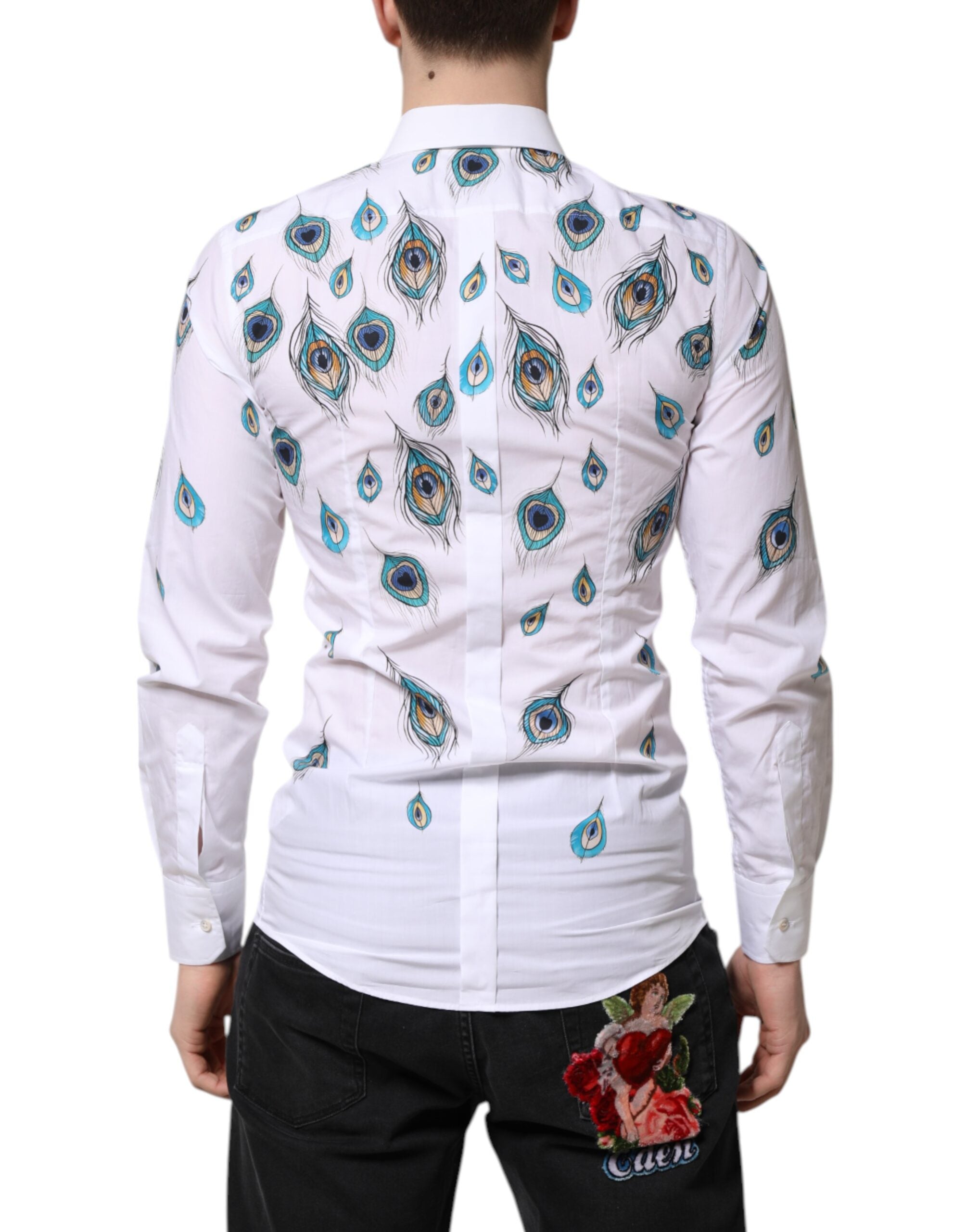 Dolce & Gabbana White Cotton Shirt with Feather Pattern GOLD-4