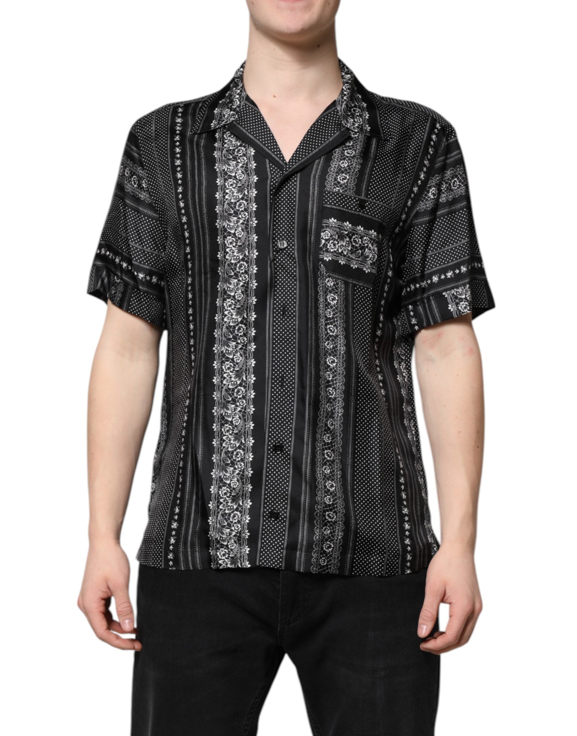 Dolce & Gabbana Schwarzes Seidenhemd mit Blumendruck und kurzen Ärmeln-2