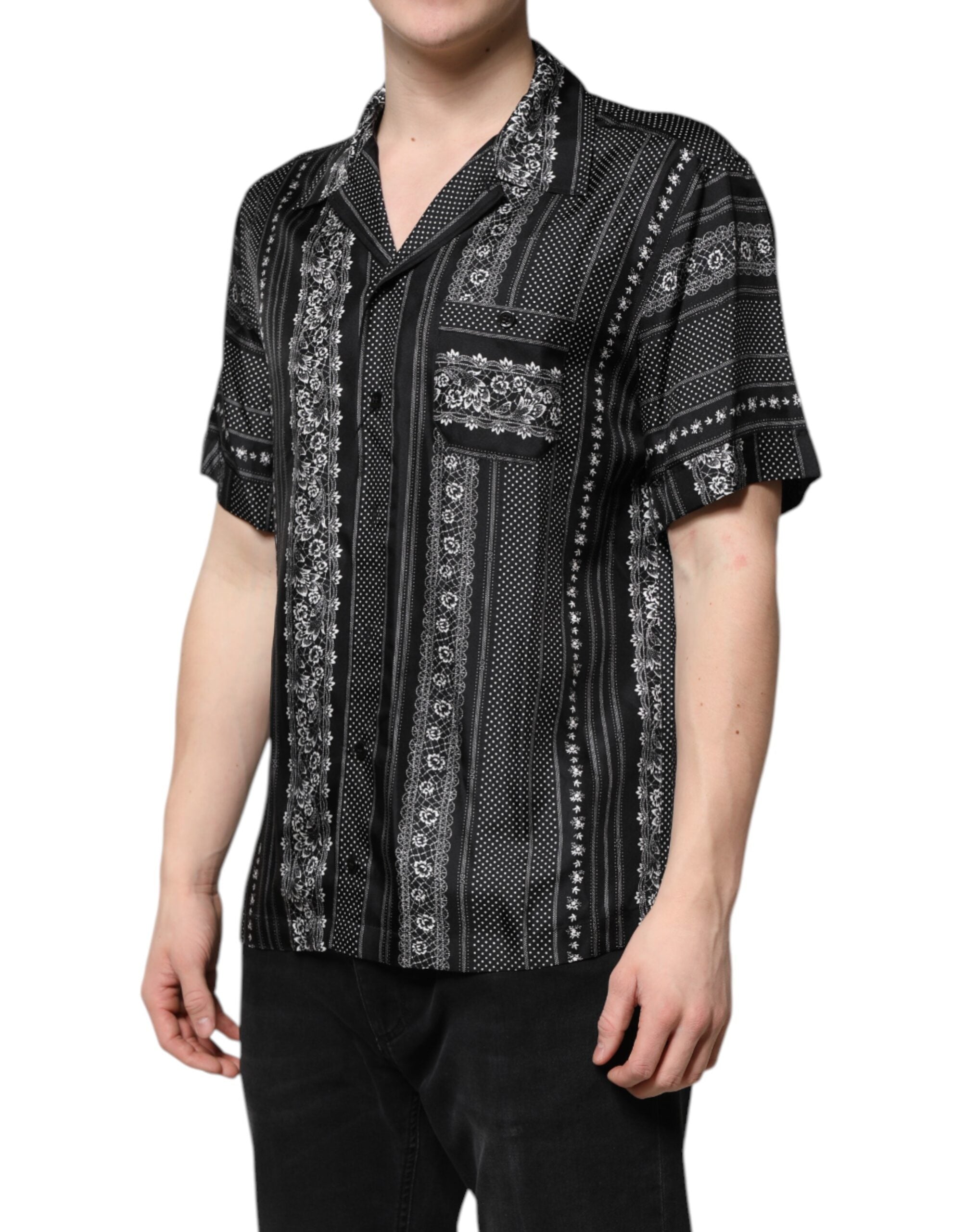 Dolce & Gabbana Schwarzes Seidenhemd mit Blumendruck und kurzen Ärmeln-3