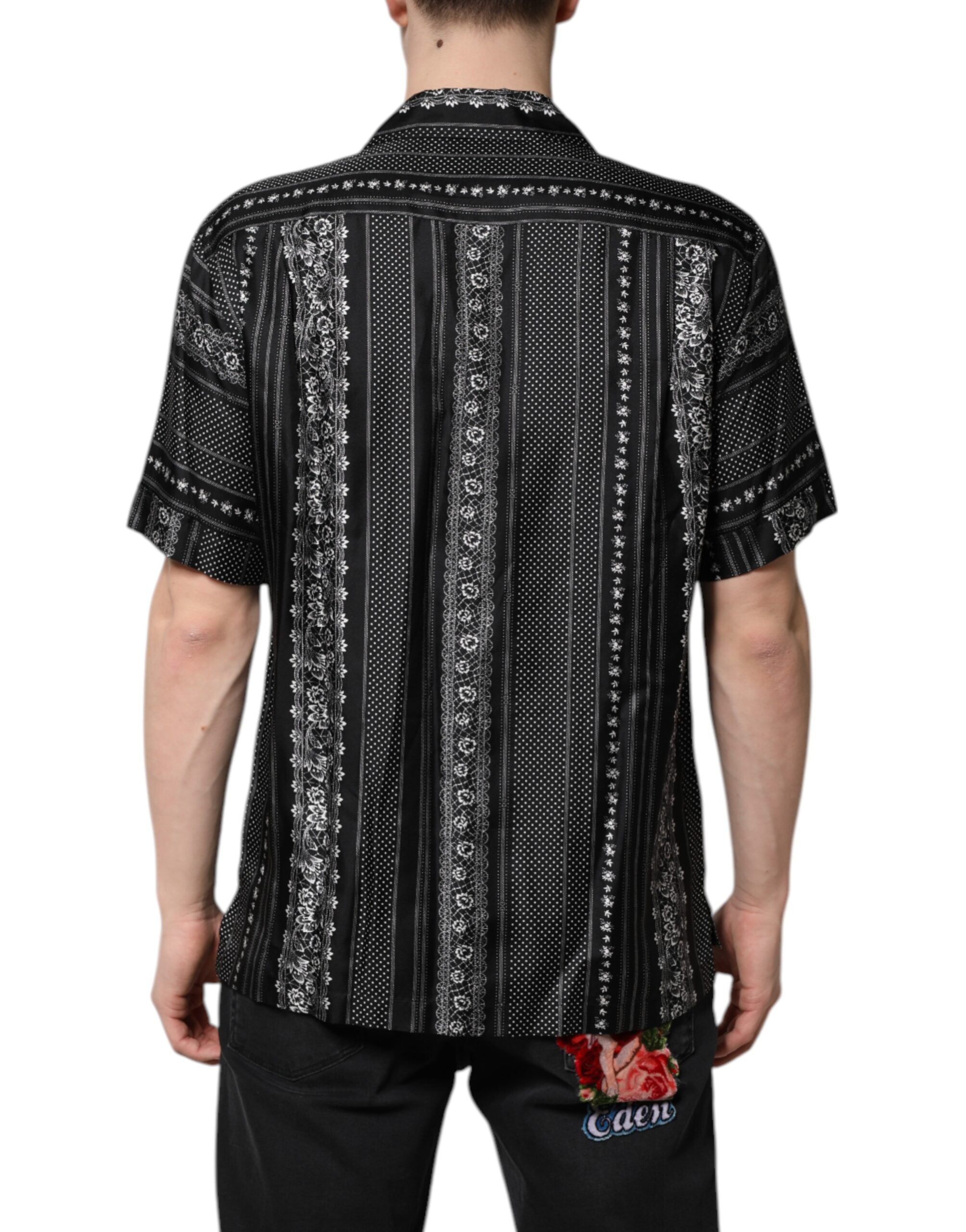 Dolce & Gabbana Schwarzes Seidenhemd mit Blumendruck und kurzen Ärmeln-4