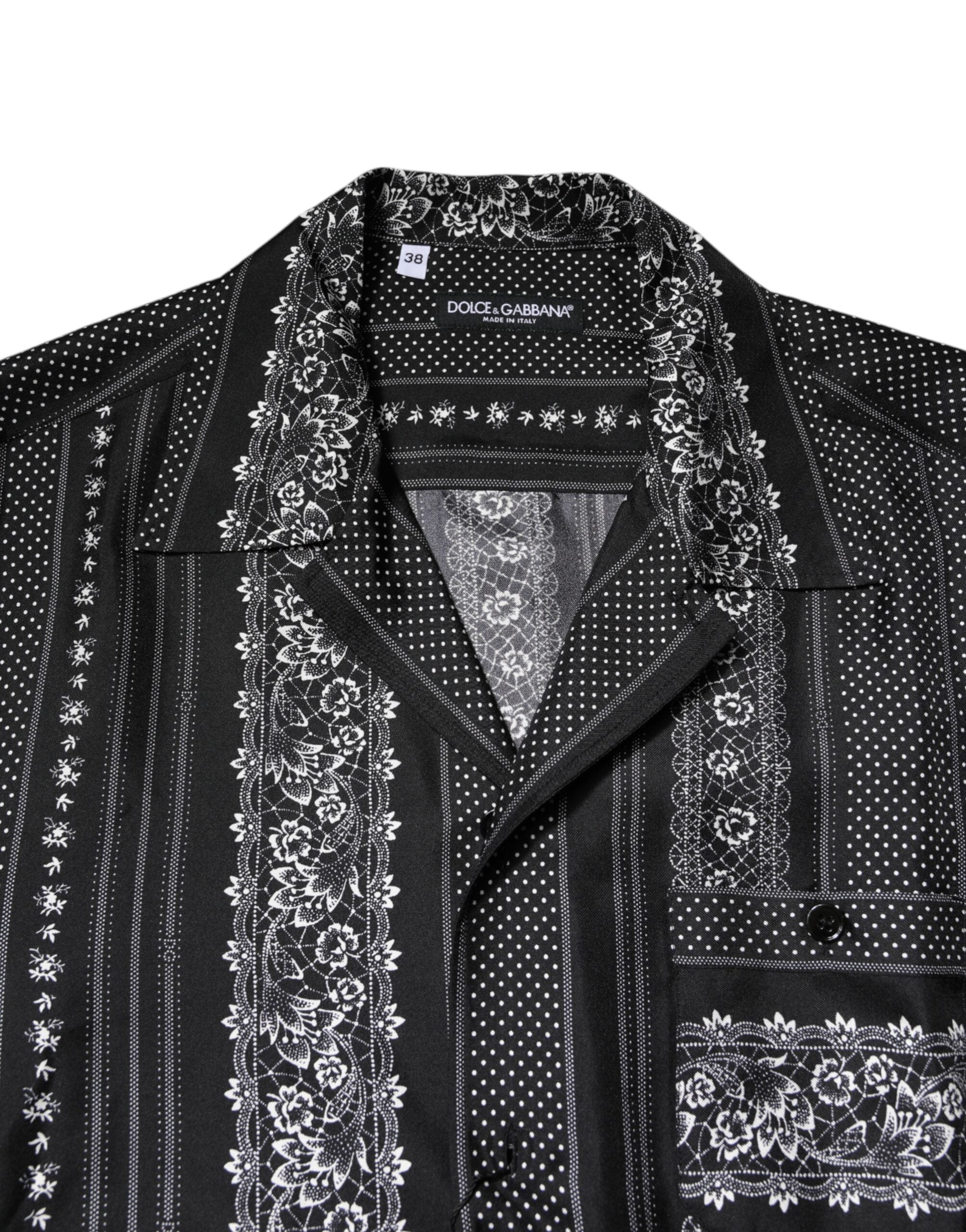 Dolce & Gabbana Schwarzes Seidenhemd mit Blumendruck und kurzen Ärmeln-5
