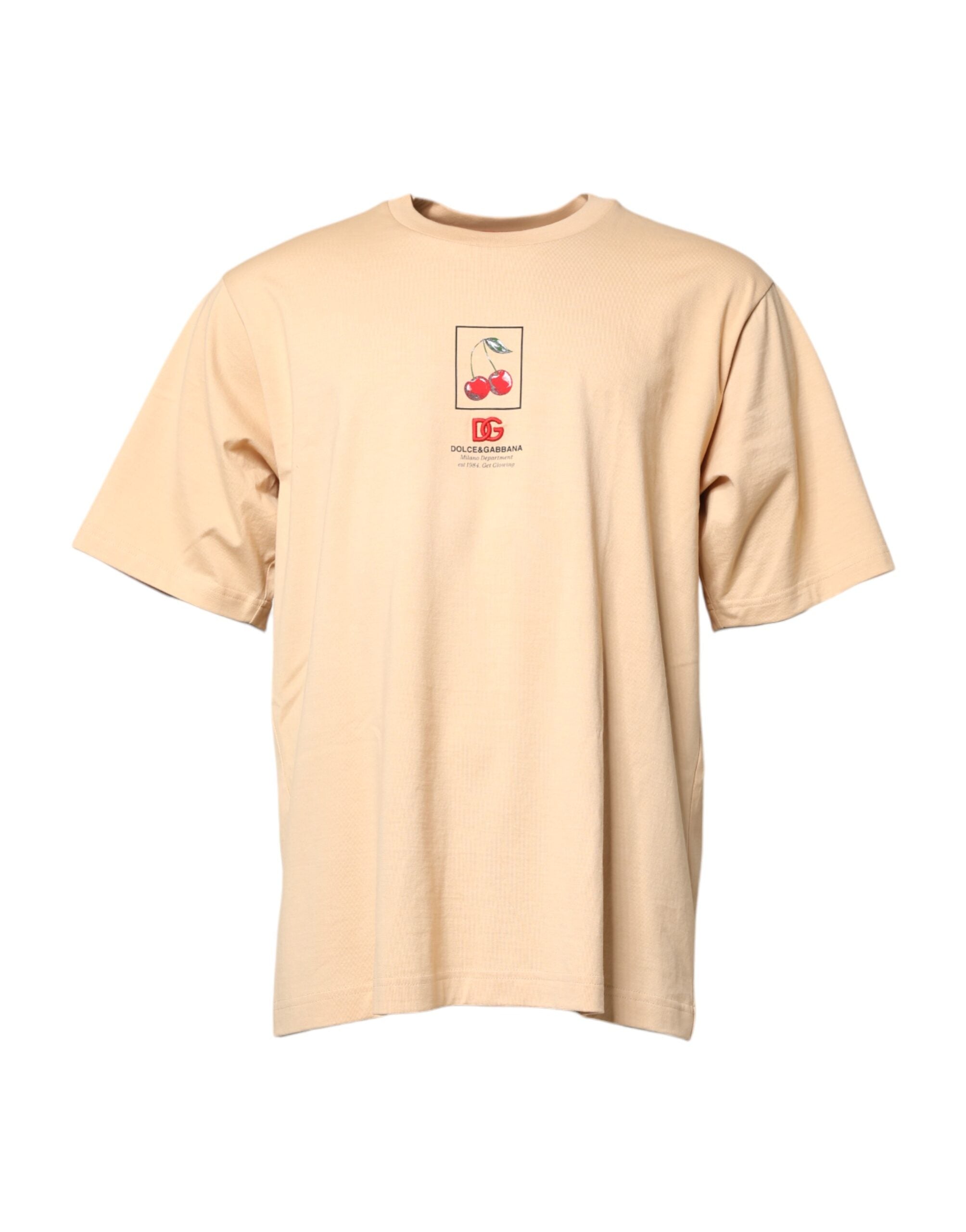 Dolce & Gabbana beige T-shirt with round neck and logo print, made of cotton-2